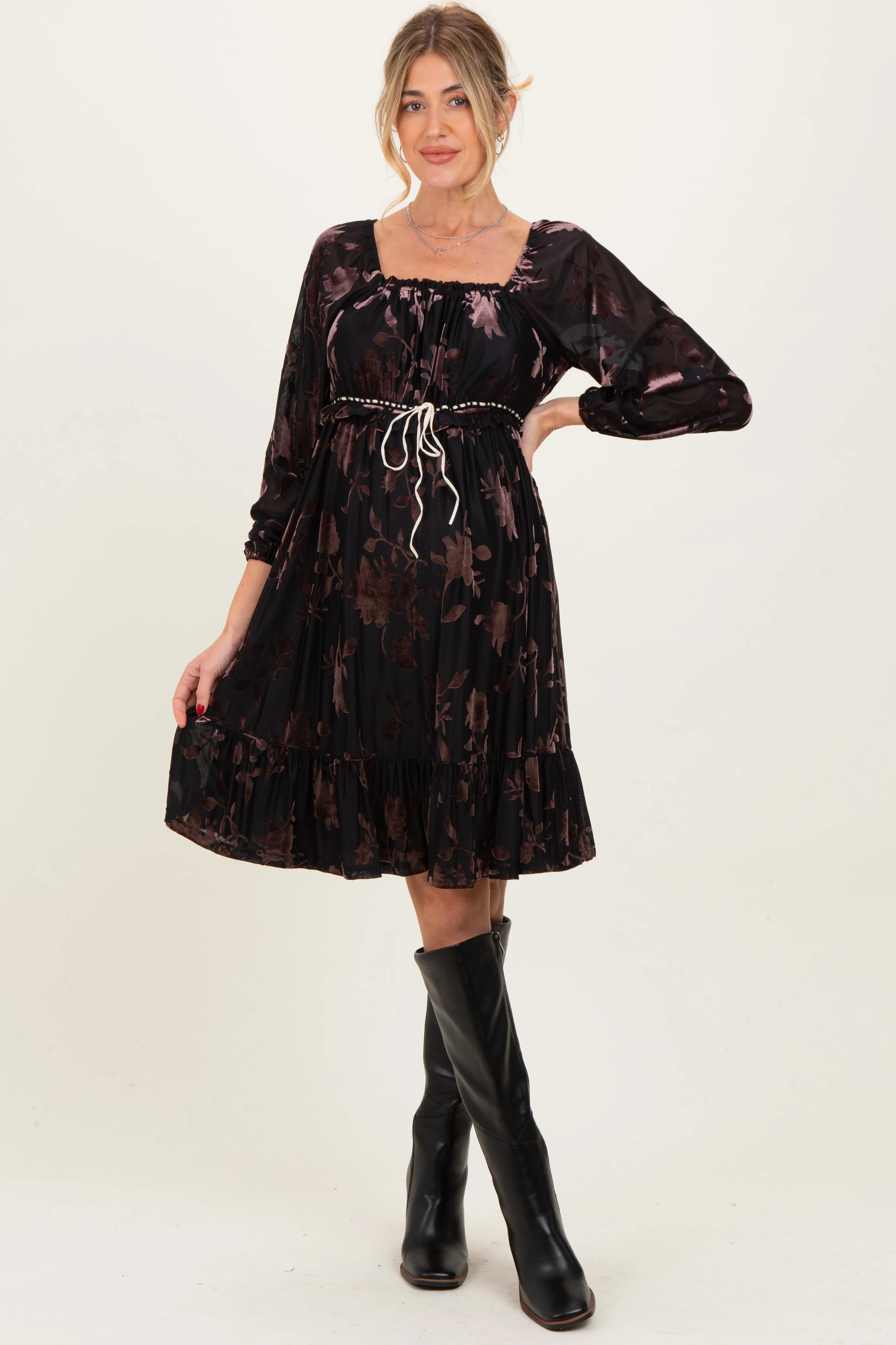 Black Floral Velvet Ruffle Accent Maternity Dress sold by Pinkblush product image thumbnail 2