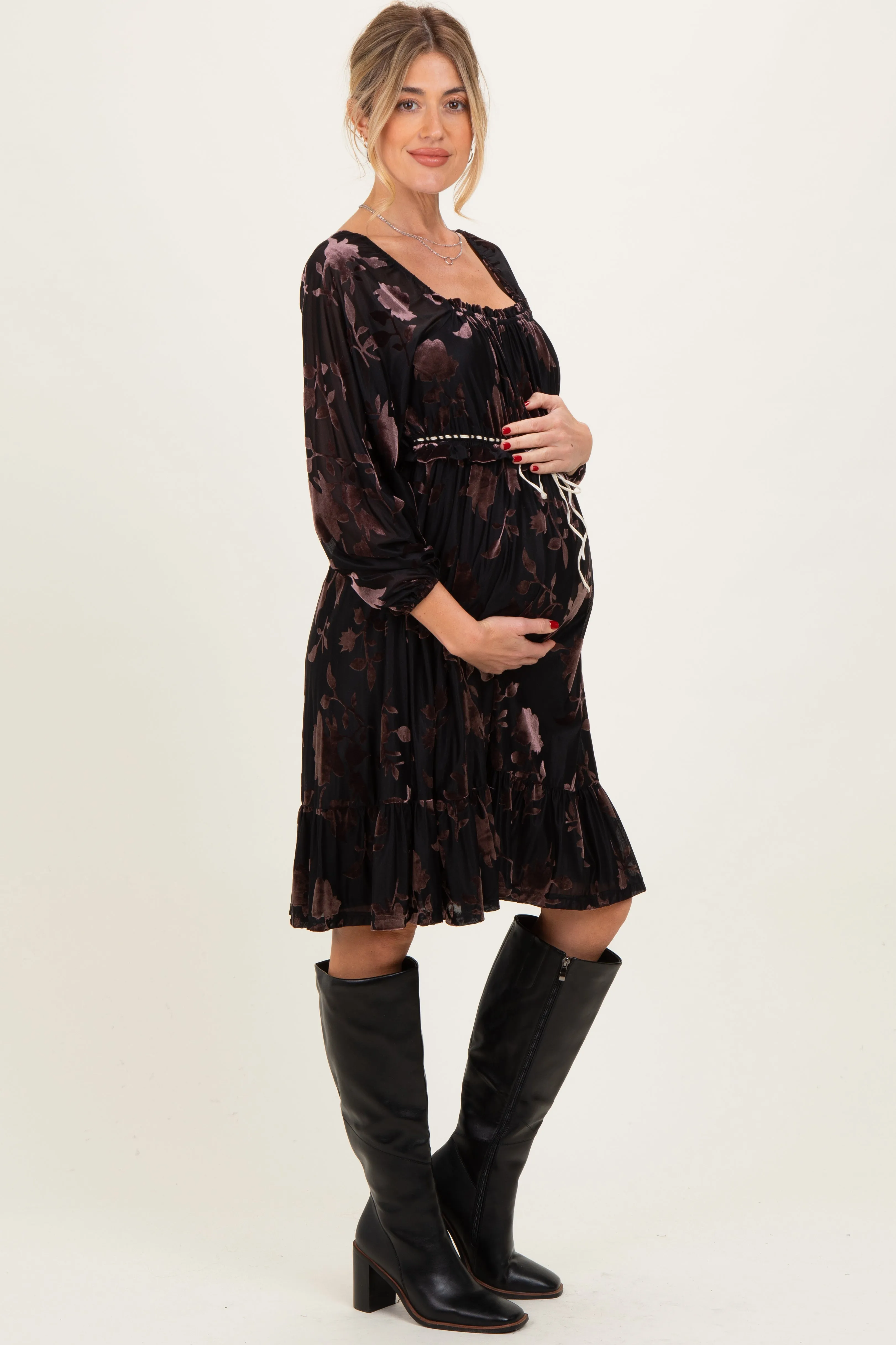 Black Floral Velvet Ruffle Accent Maternity Dress sold by Pinkblush product image thumbnail 3