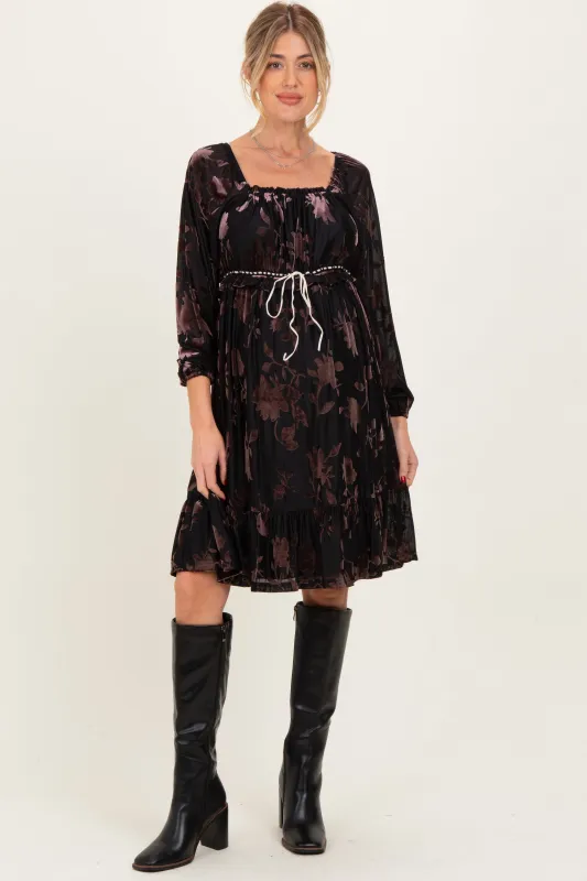Black Floral Velvet Ruffle Accent Maternity Dress sold by Pinkblush