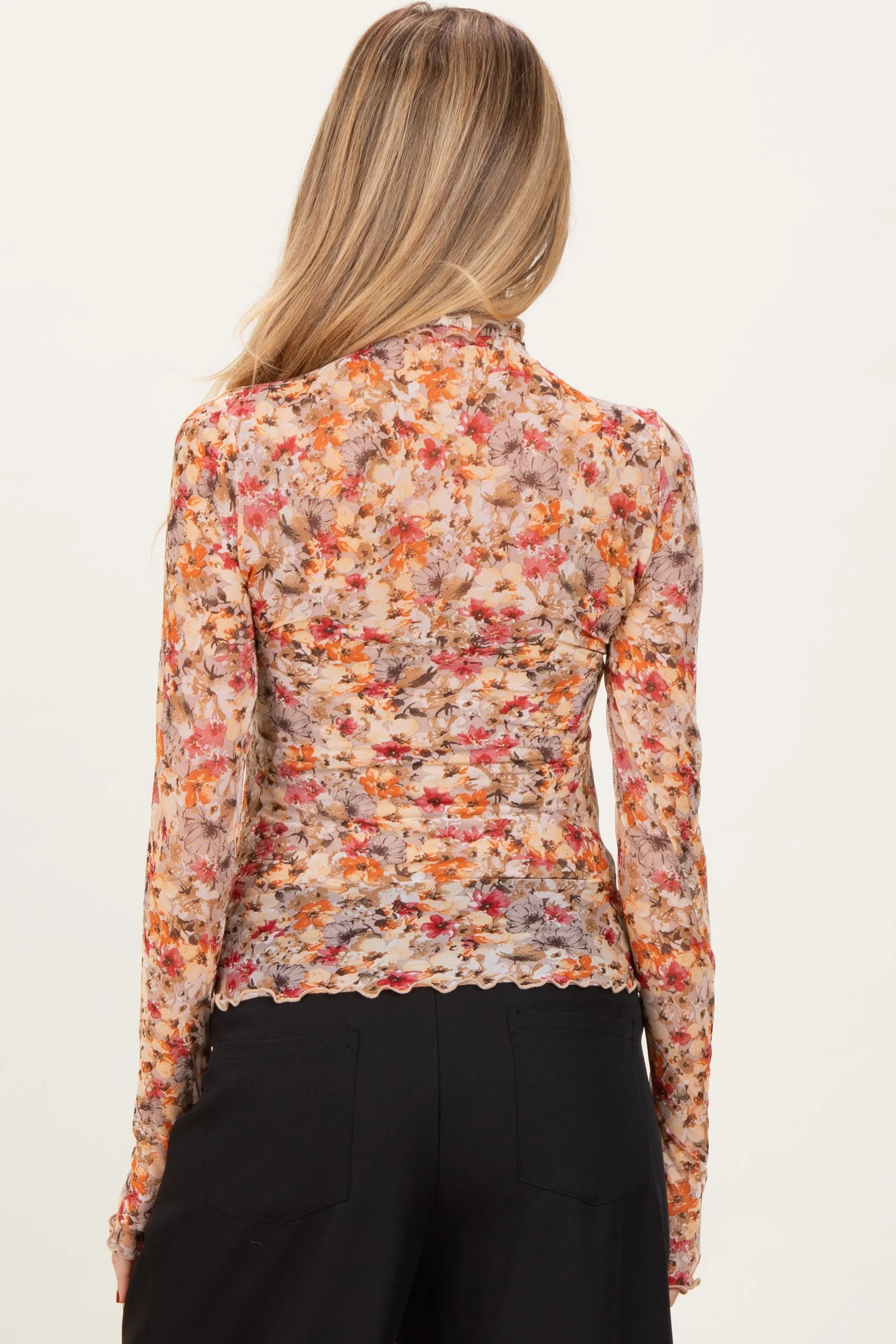 Taupe Floral Mesh Mock Neck Long Sleeve Maternity Top sold by Pinkblush product image thumbnail 3