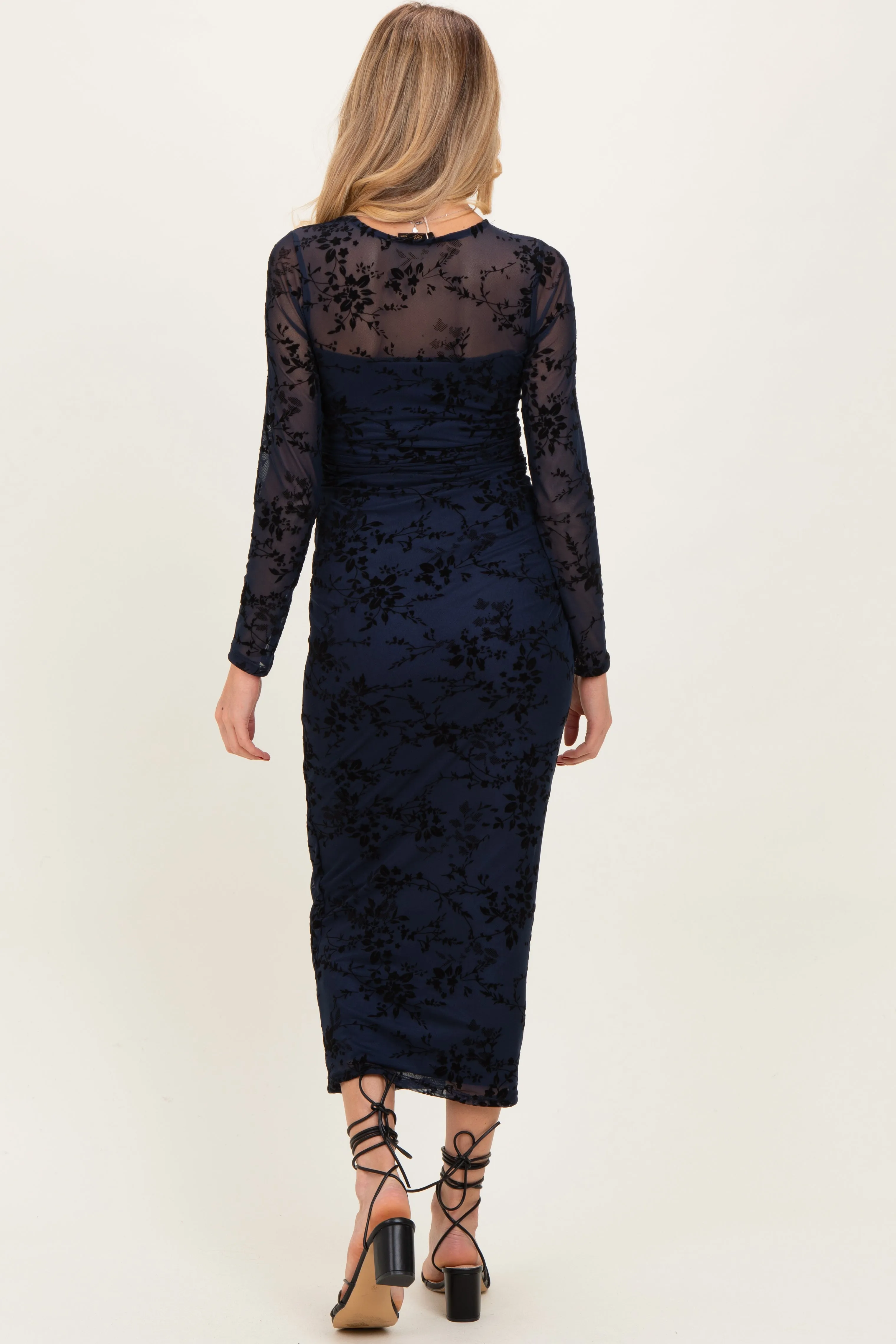 Navy Floral Flocked Mesh Long Sleeve Maternity Midi Dress sold by Pinkblush product image thumbnail 4