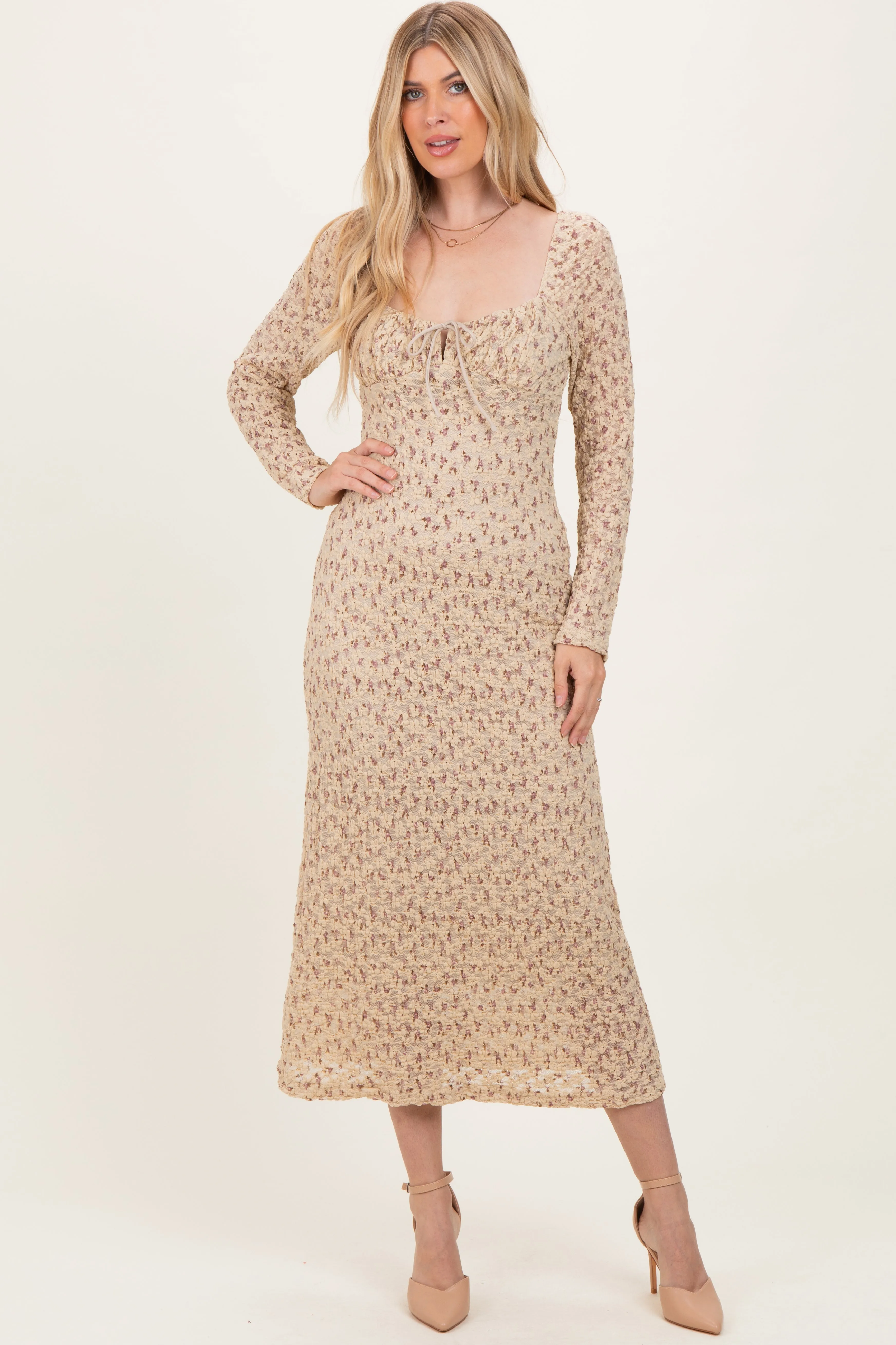 Beige Floral Sweetheart Neckline Long Sleeve Maxi Dress sold by Pinkblush product image thumbnail 2
