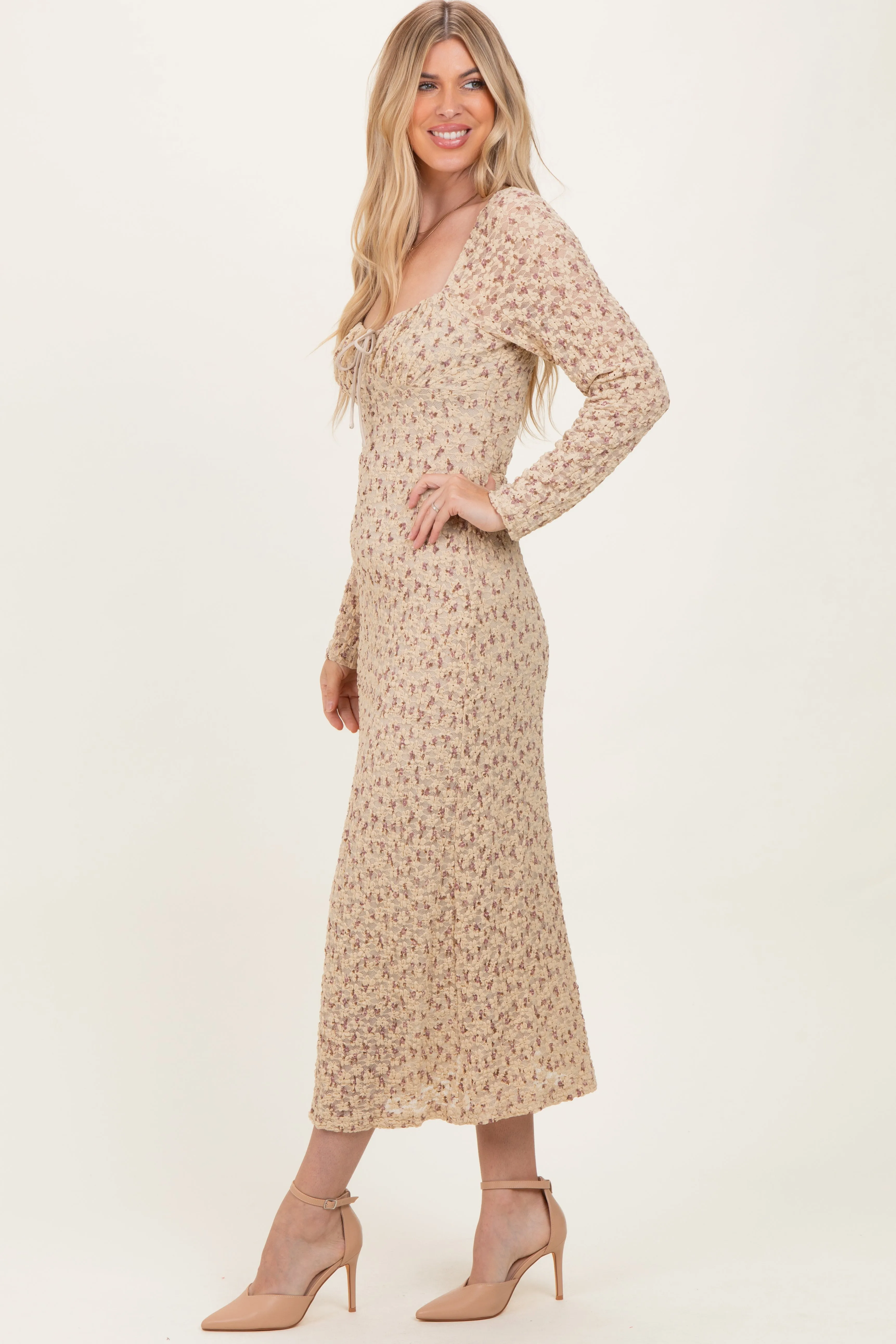 Beige Floral Sweetheart Neckline Long Sleeve Maxi Dress sold by Pinkblush product image thumbnail 3