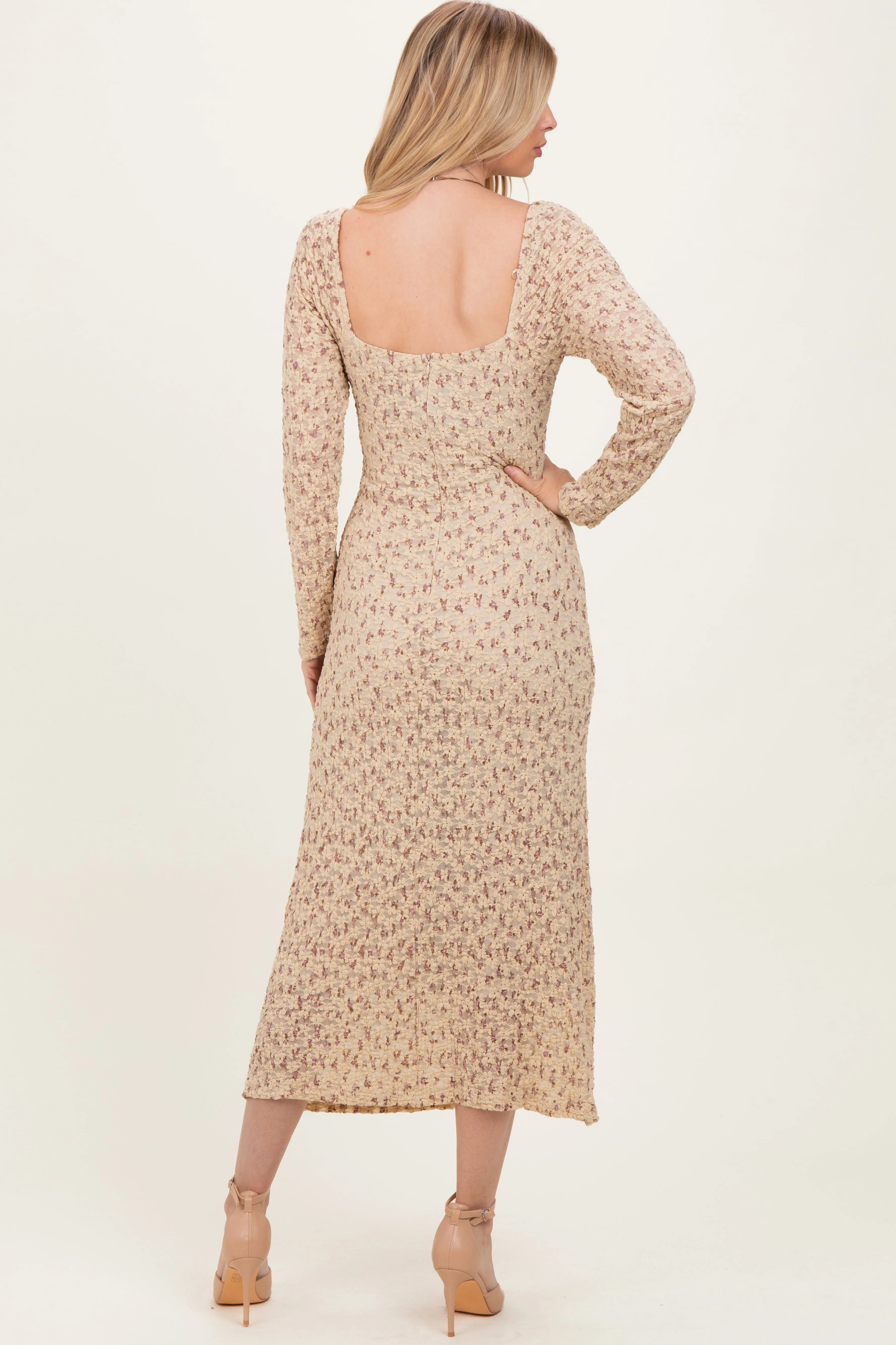 Beige Floral Sweetheart Neckline Long Sleeve Maxi Dress sold by Pinkblush product image thumbnail 4