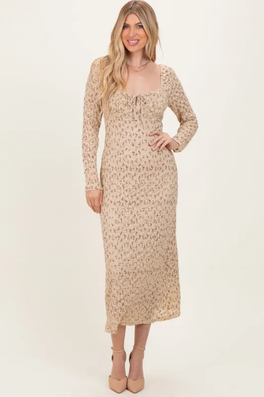 Beige Floral Sweetheart Neckline Long Sleeve Maxi Dress sold by Pinkblush