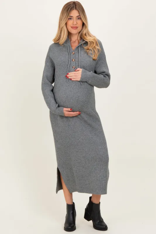 Grey Hooded Sweater Maternity Midi Dress sold by Pinkblush