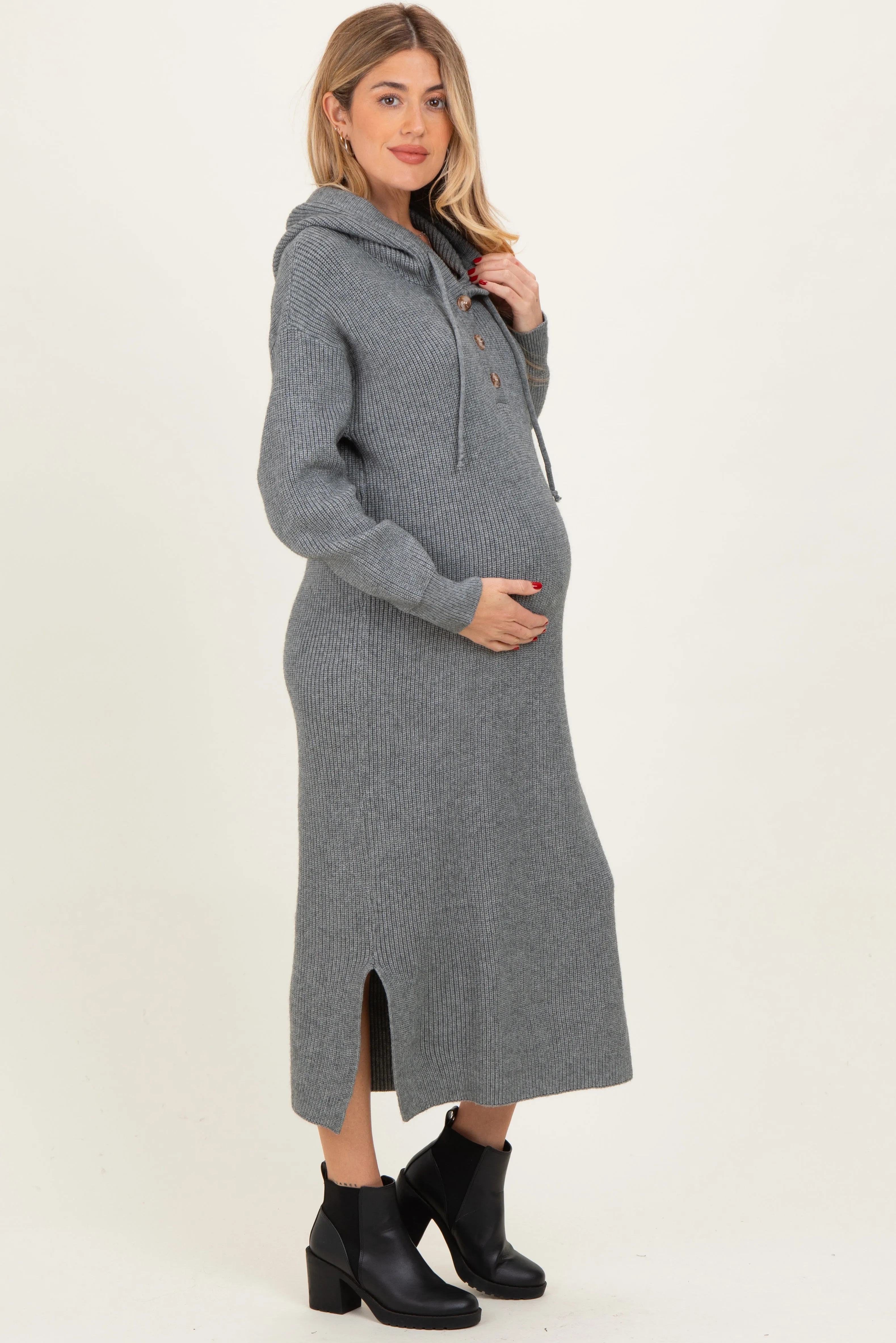 Grey Hooded Sweater Maternity Midi Dress sold by Pinkblush product image thumbnail 2