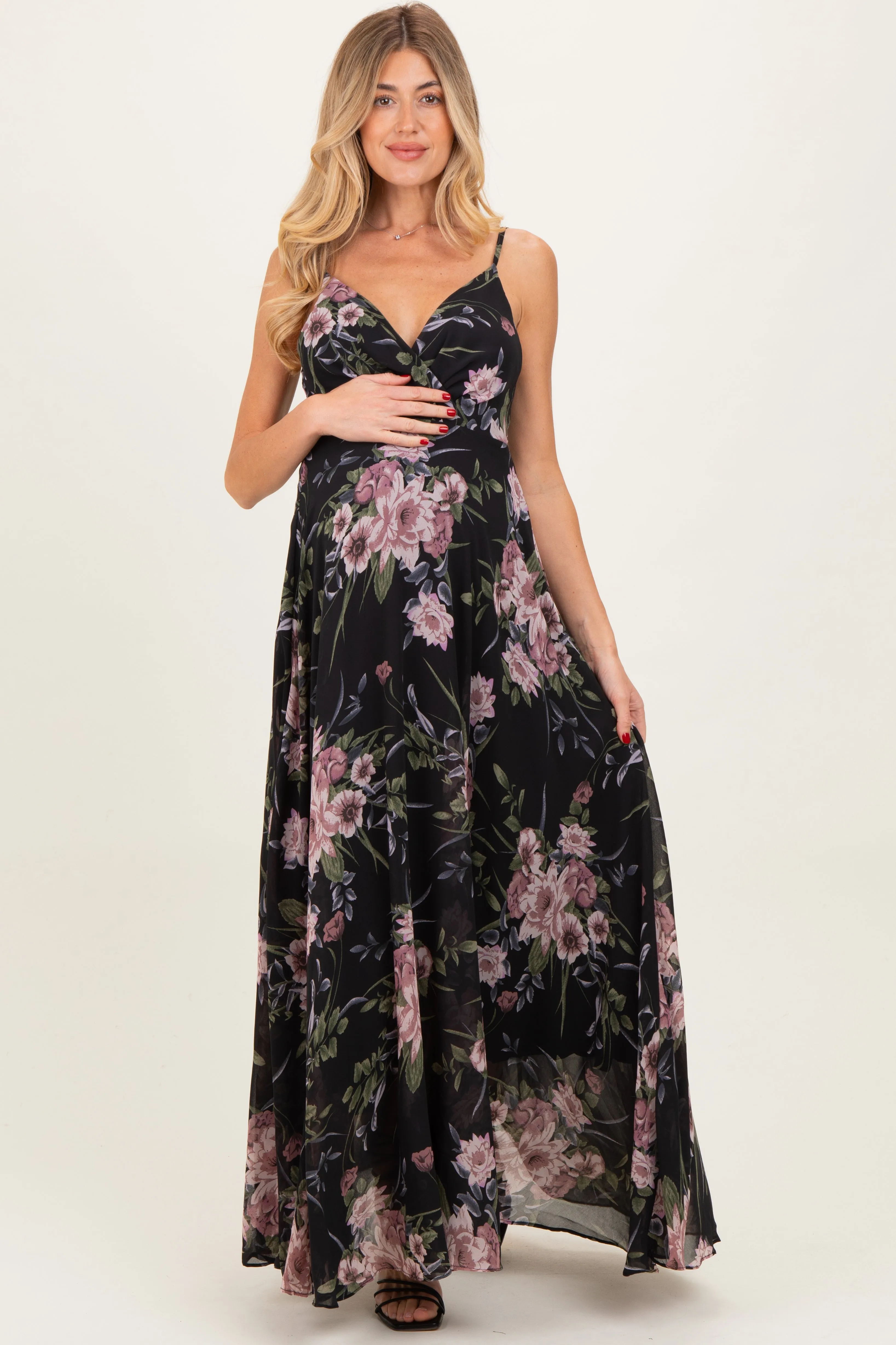 Black Floral V-Neck Sleeveless Maternity Maxi Dress sold by Pinkblush