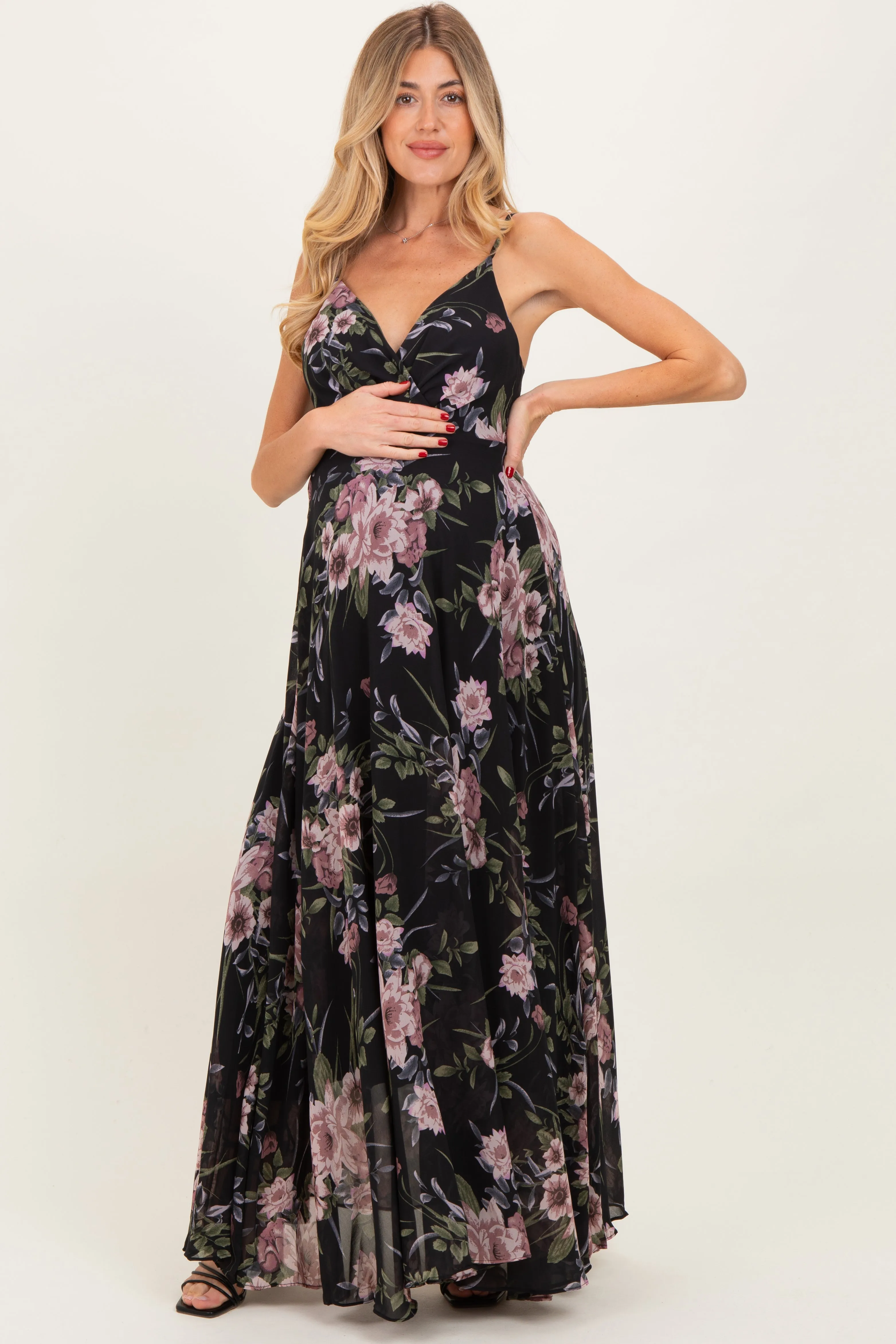Black Floral V-Neck Sleeveless Maternity Maxi Dress sold by Pinkblush product image thumbnail 2