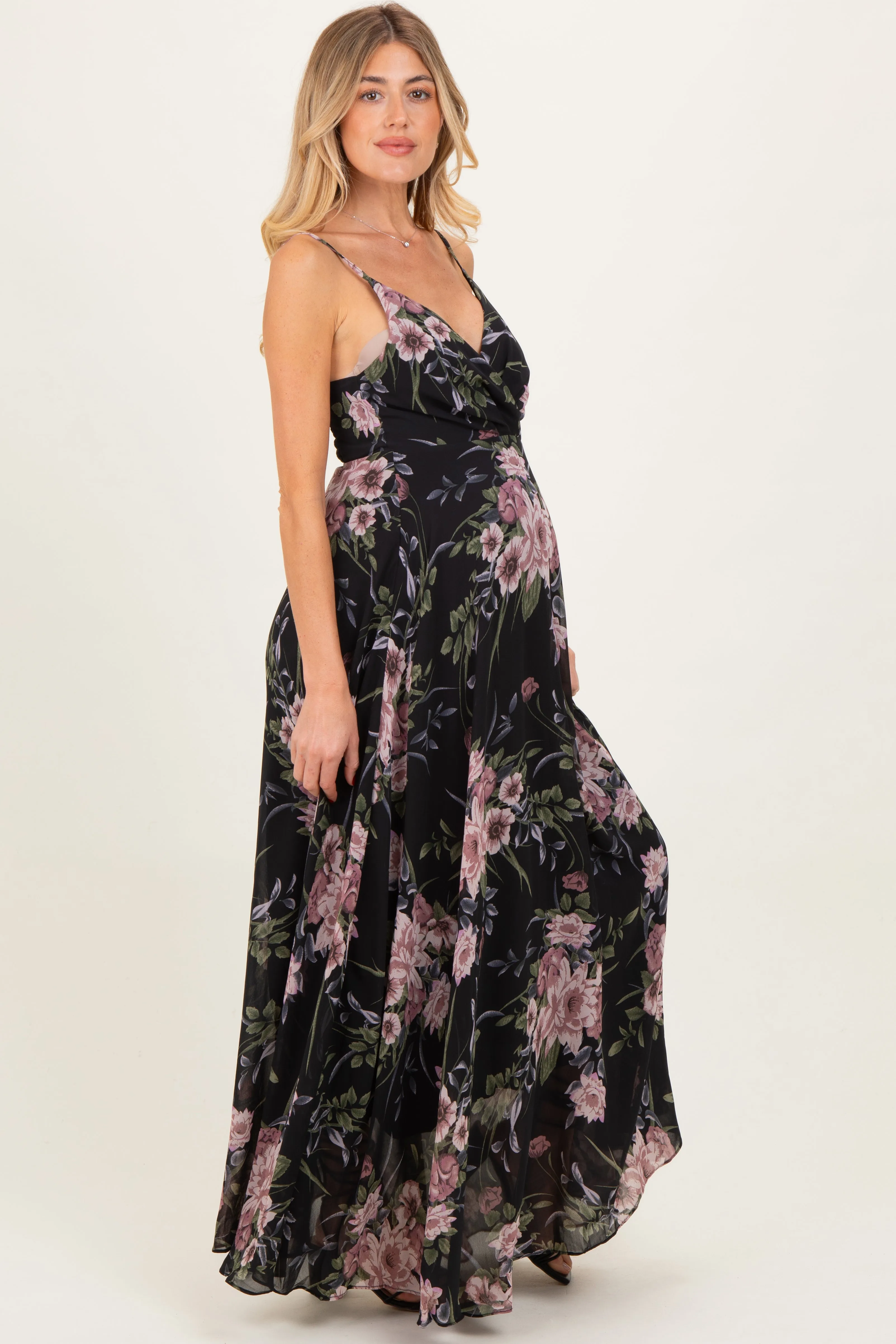 Black Floral V-Neck Sleeveless Maternity Maxi Dress sold by Pinkblush product image thumbnail 3