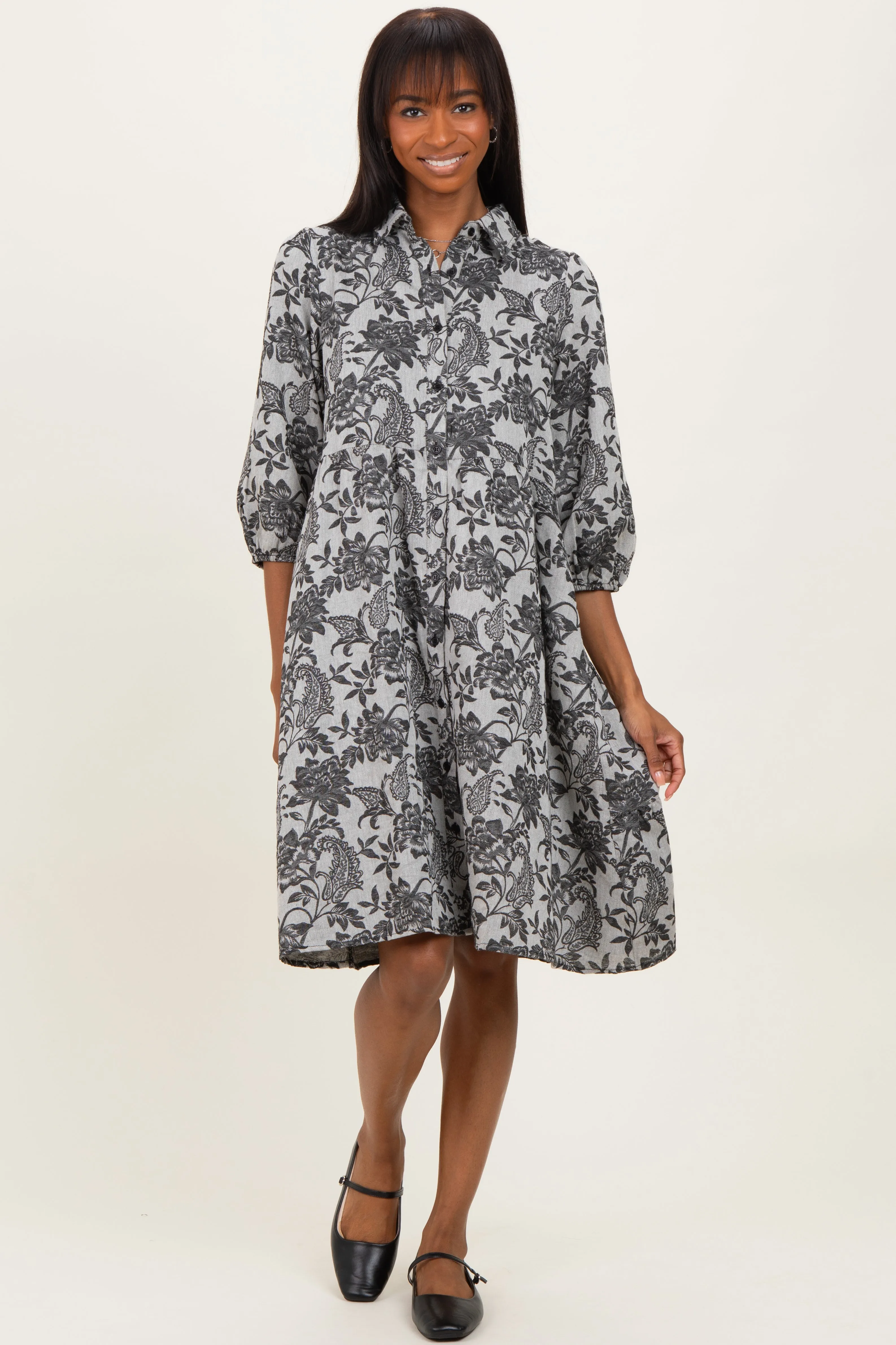 Black Floral Button Down 3/4 Sleeve Maternity Midi Dress sold by Pinkblush product image thumbnail 5