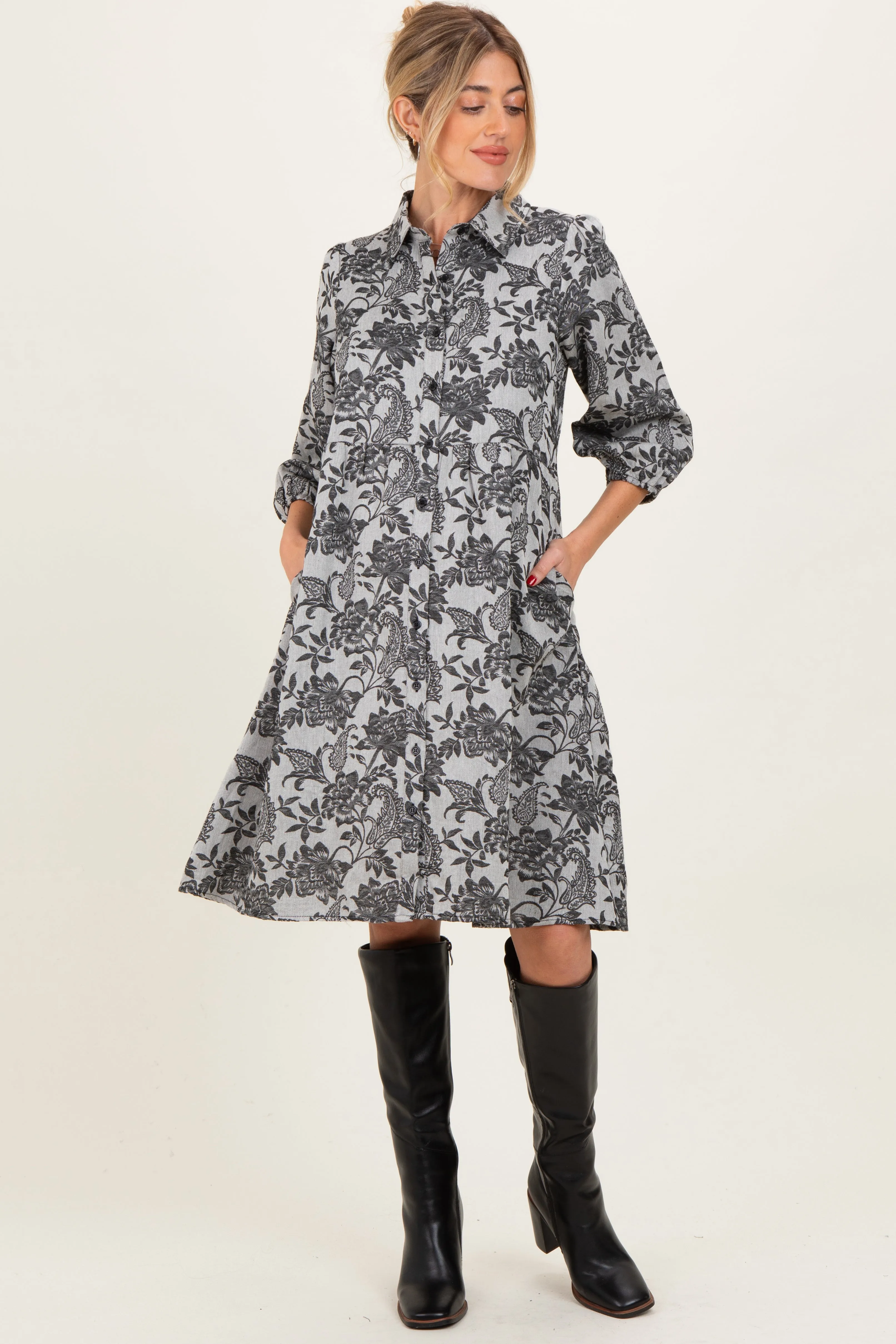 Black Floral Button Down 3/4 Sleeve Maternity Midi Dress sold by Pinkblush product image thumbnail 2
