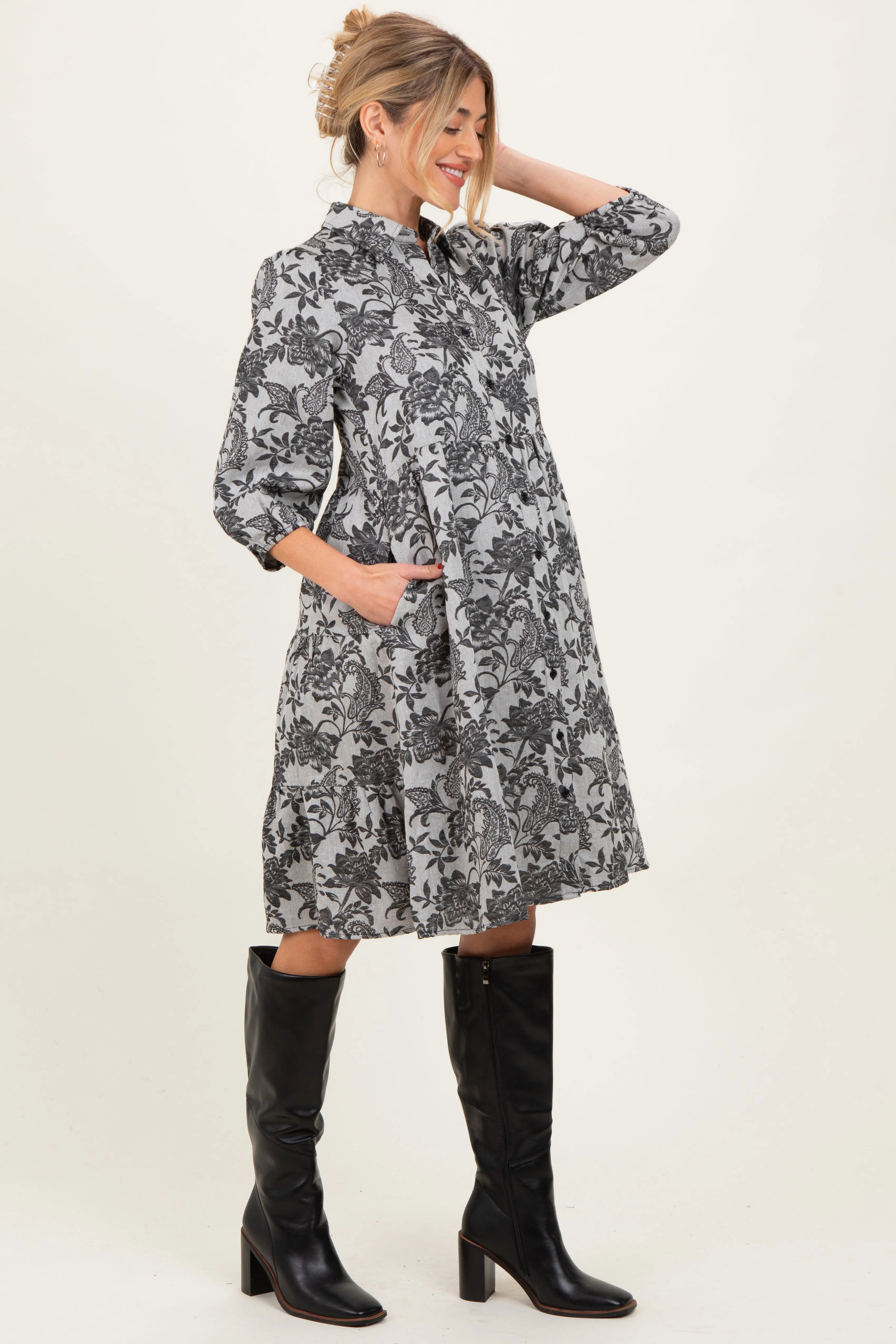 Black Floral Button Down 3/4 Sleeve Maternity Midi Dress sold by Pinkblush product image thumbnail 3