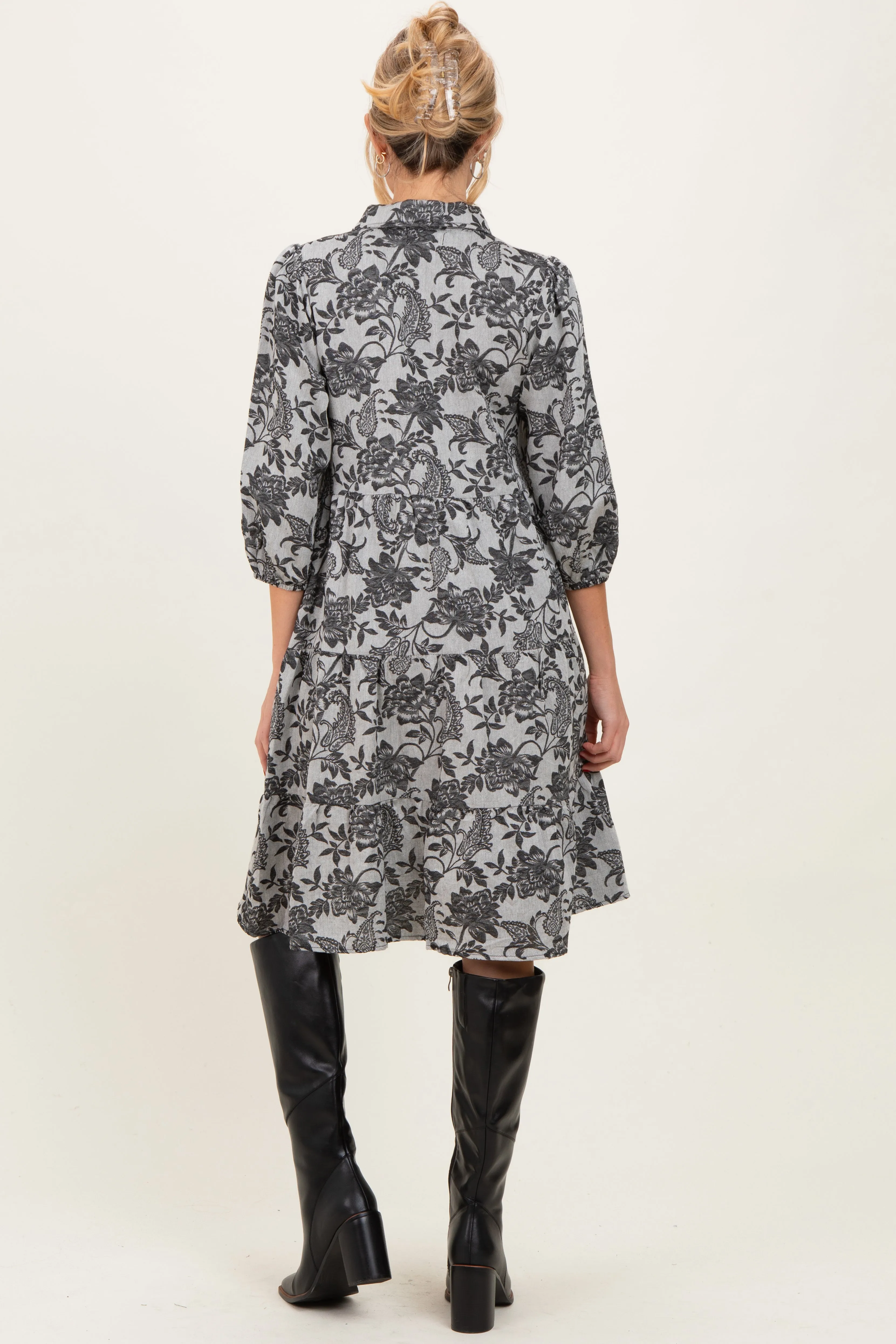 Black Floral Button Down 3/4 Sleeve Maternity Midi Dress sold by Pinkblush product image thumbnail 4