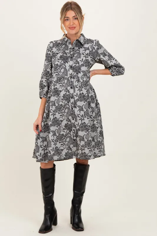 Black Floral Button Down 3/4 Sleeve Maternity Midi Dress sold by Pinkblush