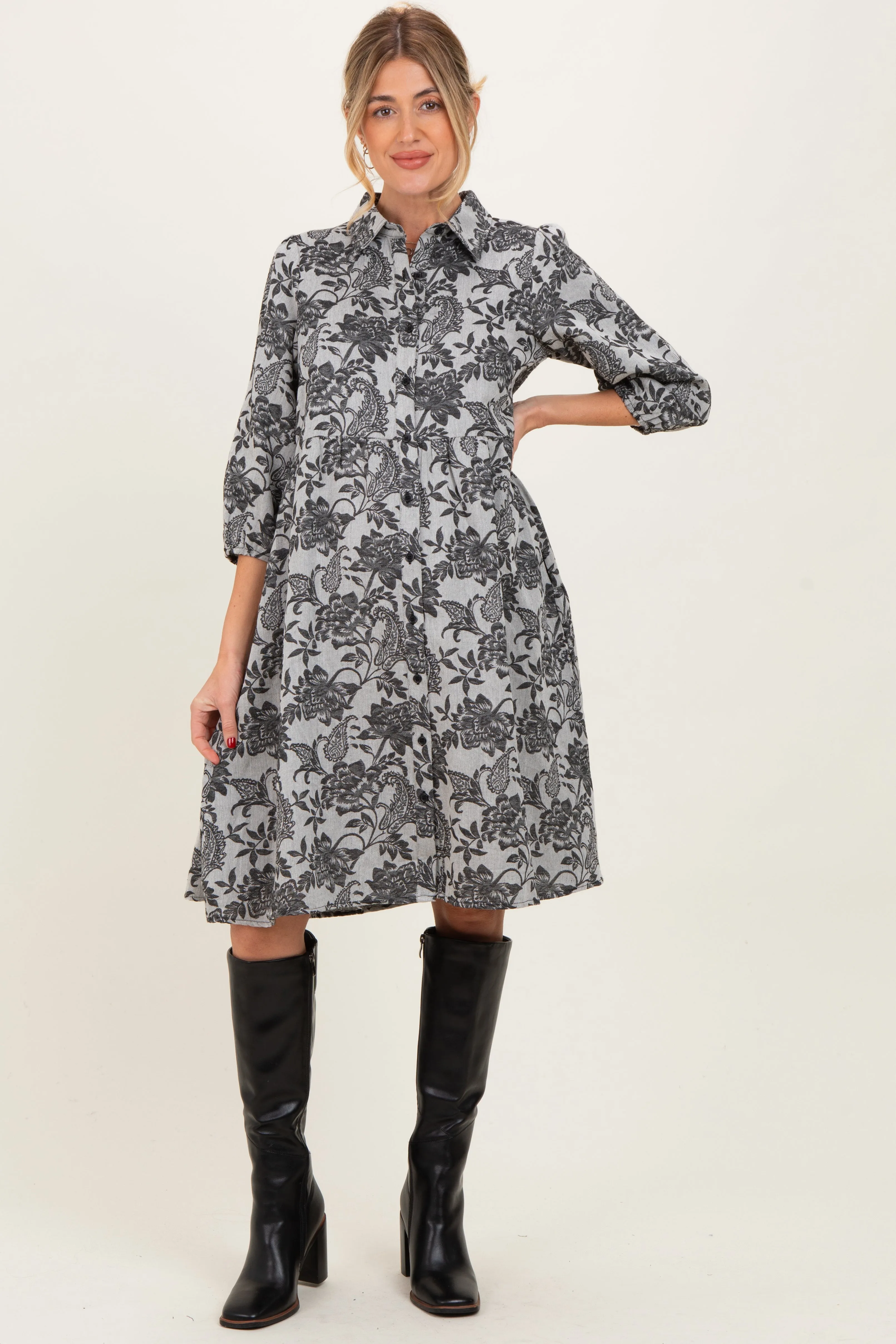 Black Floral Button Down 3/4 Sleeve Maternity Midi Dress sold by Pinkblush