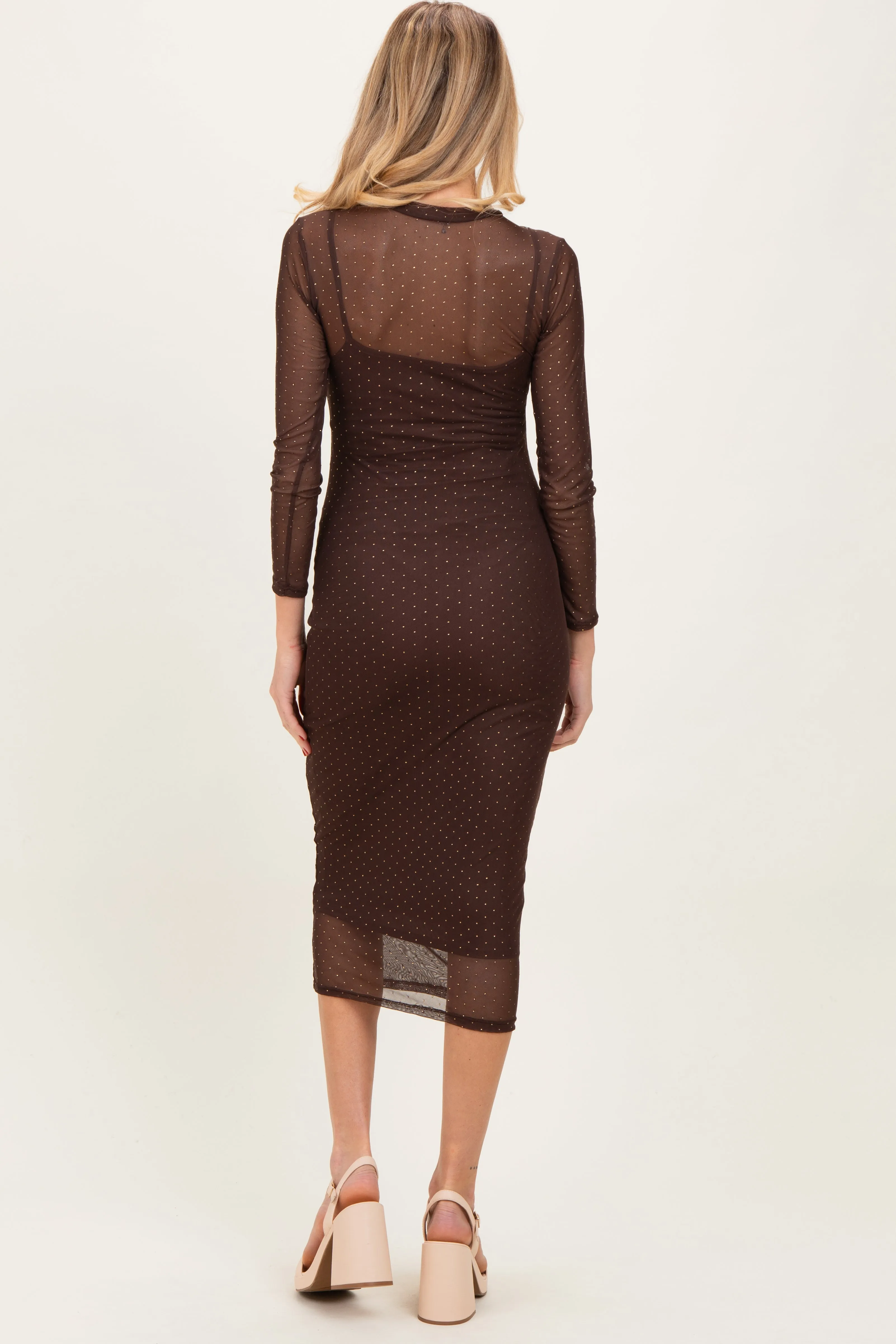 Brown Printed Mesh Long Sleeve Maternity Midi Dress sold by Pinkblush product image thumbnail 4
