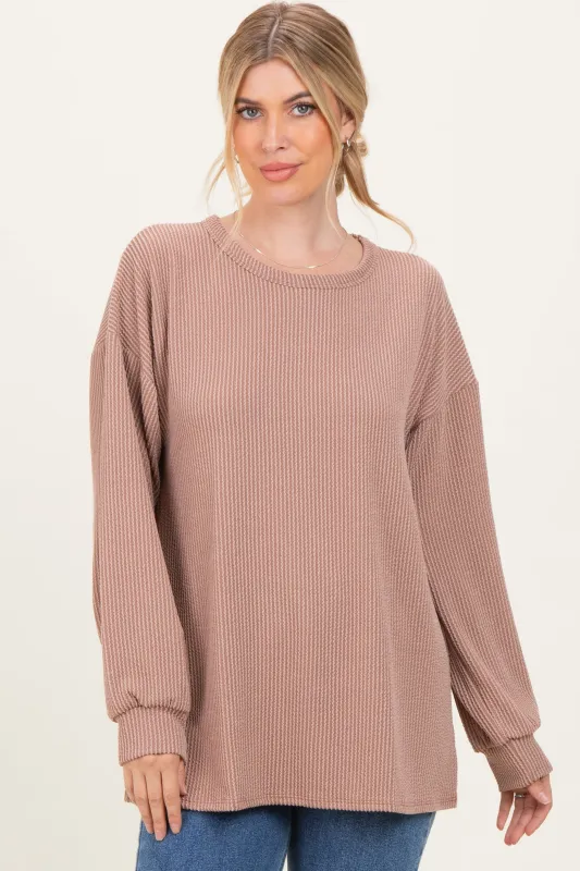 Taupe Puff Sleeve Solid Ribbed Top sold by Pinkblush