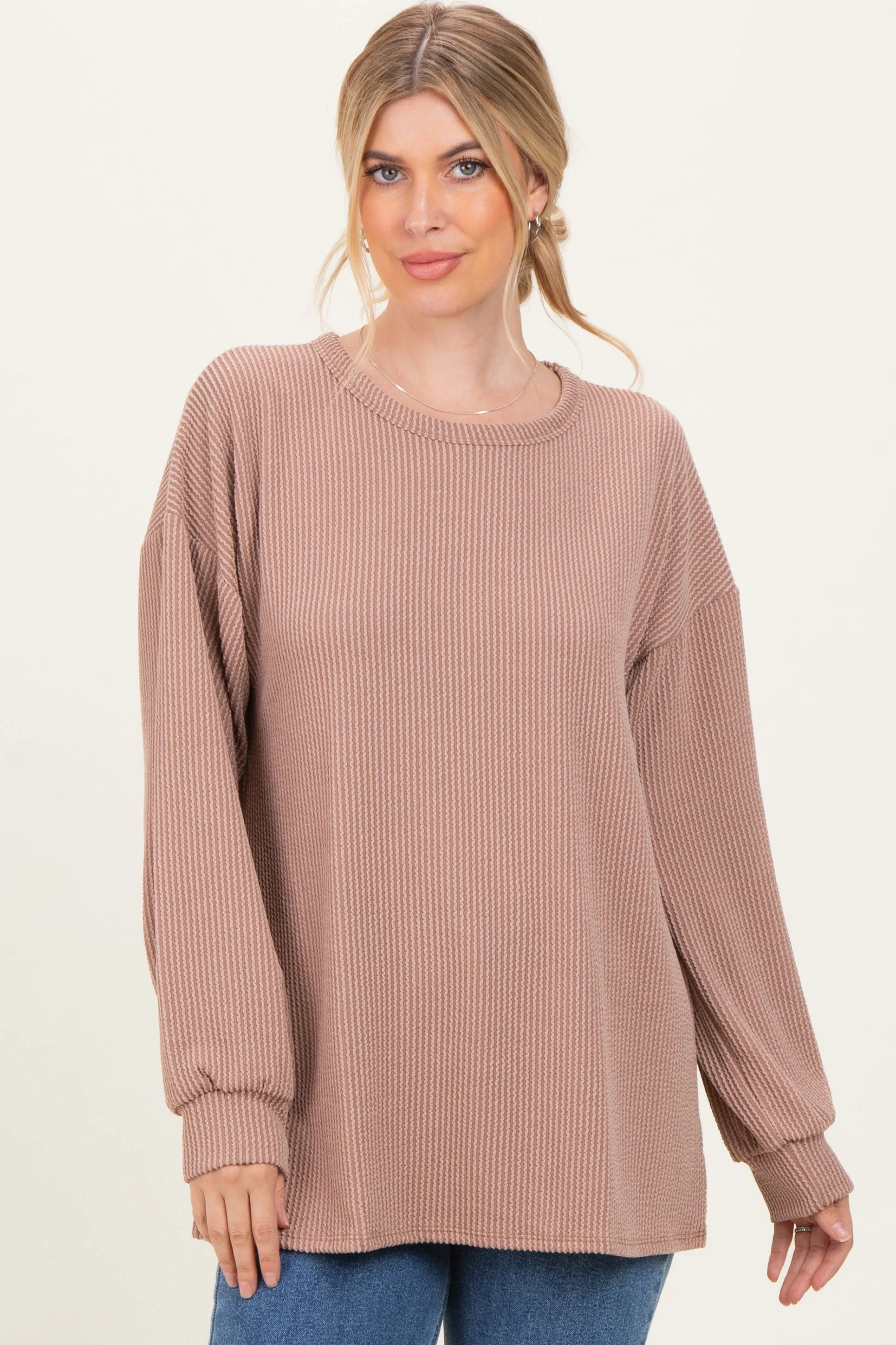 Taupe Puff Sleeve Solid Ribbed Top sold by Pinkblush