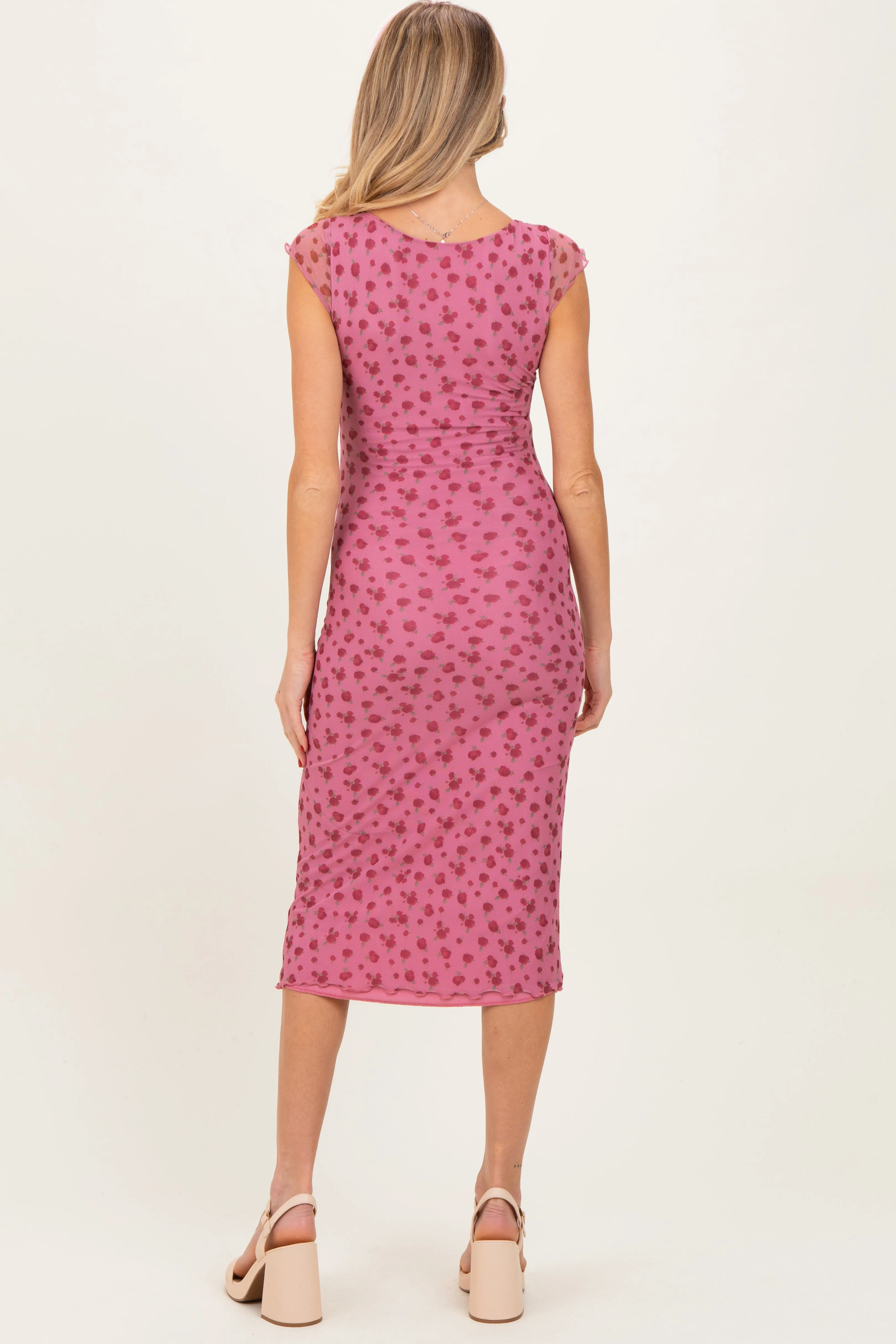 Pink Floral Mesh Front Tie Cutout Maternity Midi Dress sold by Pinkblush product image thumbnail 3