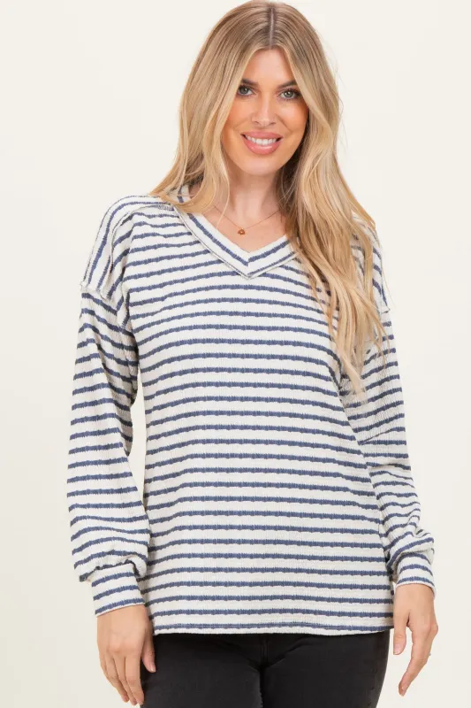 Cream/Navy Long Puff Sleeve V-Neck Striped Top sold by Pinkblush