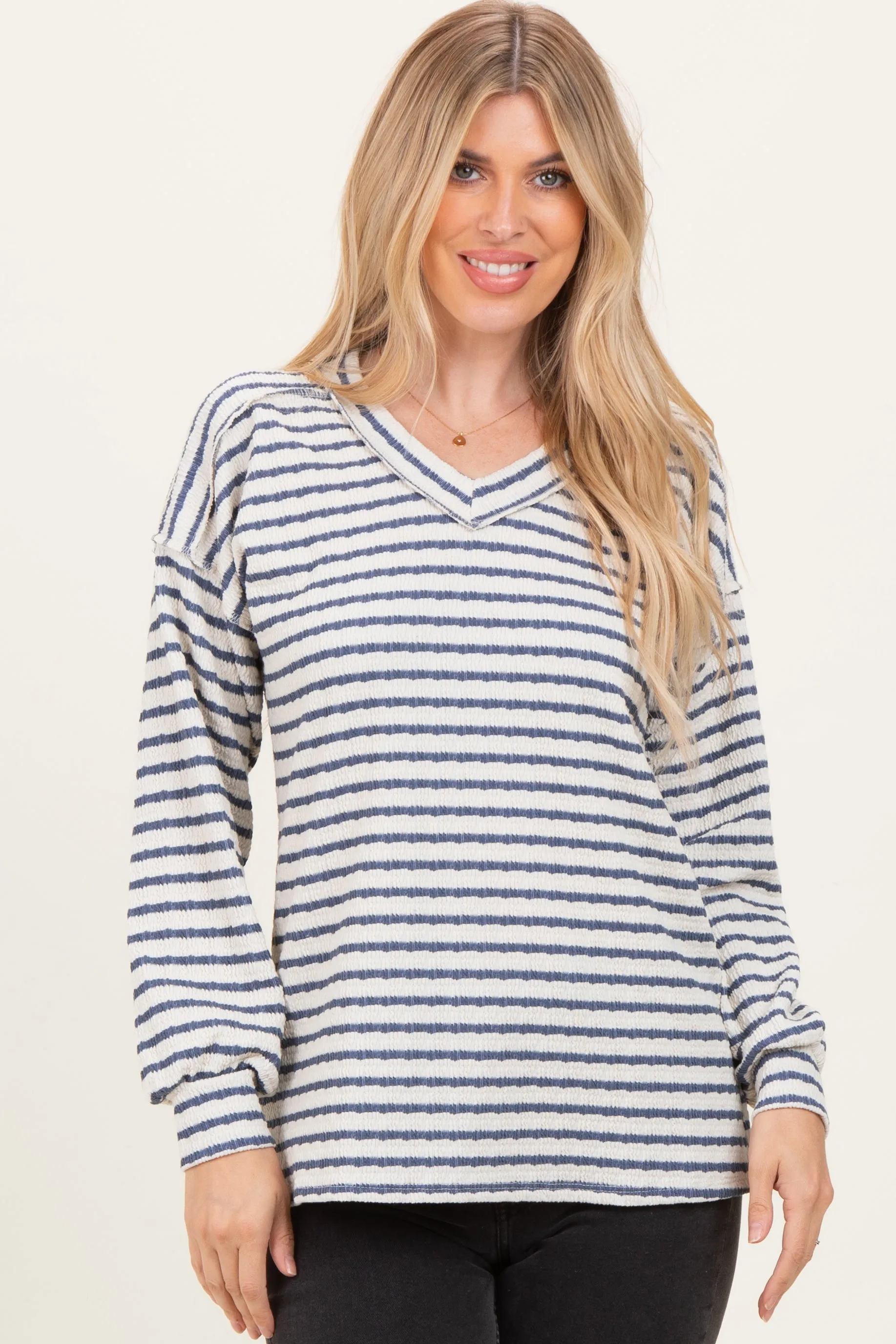 Cream/Navy Long Puff Sleeve V-Neck Striped Top sold by Pinkblush