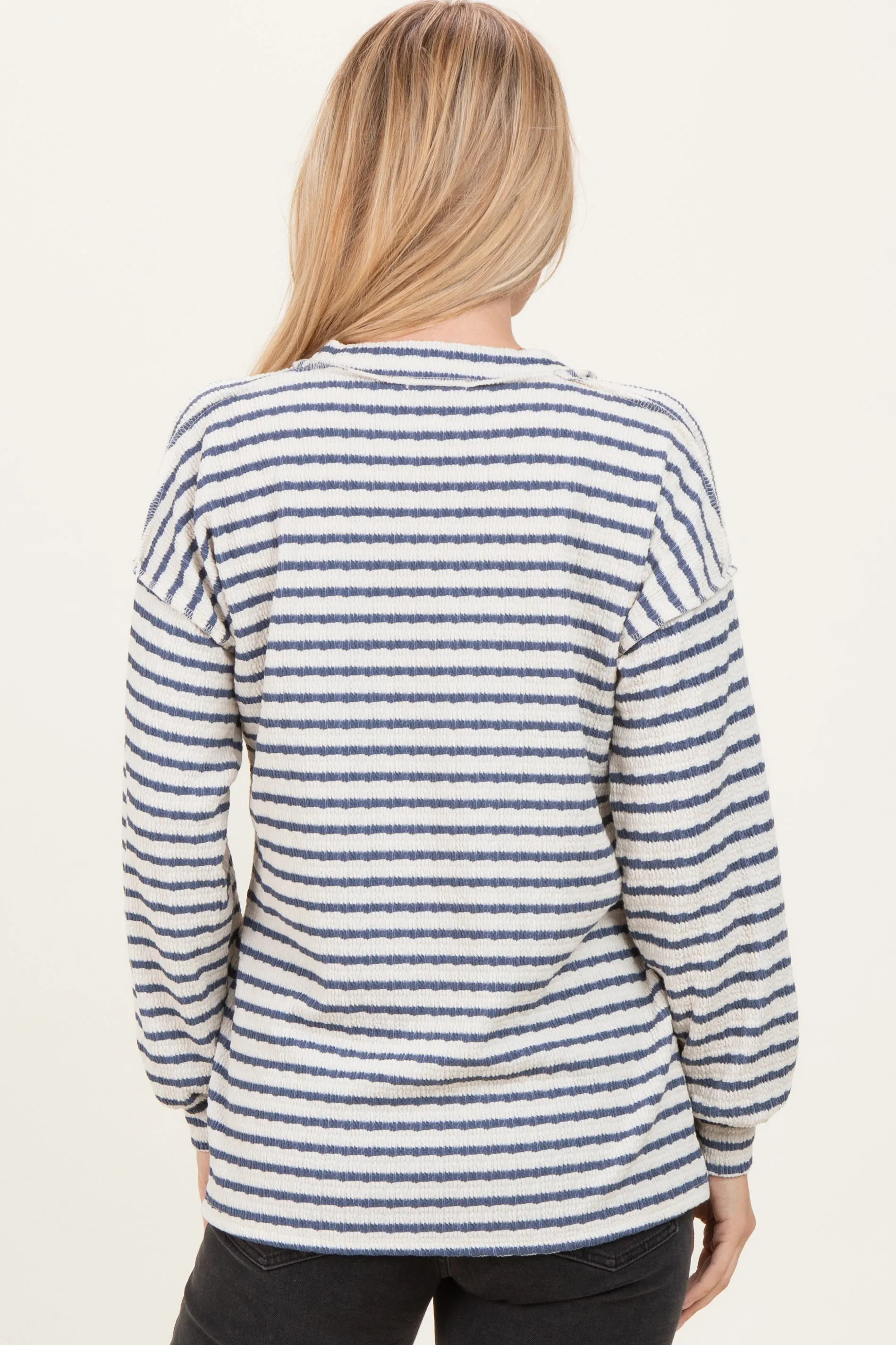 Cream/Navy Long Puff Sleeve V-Neck Striped Top sold by Pinkblush product image thumbnail 3