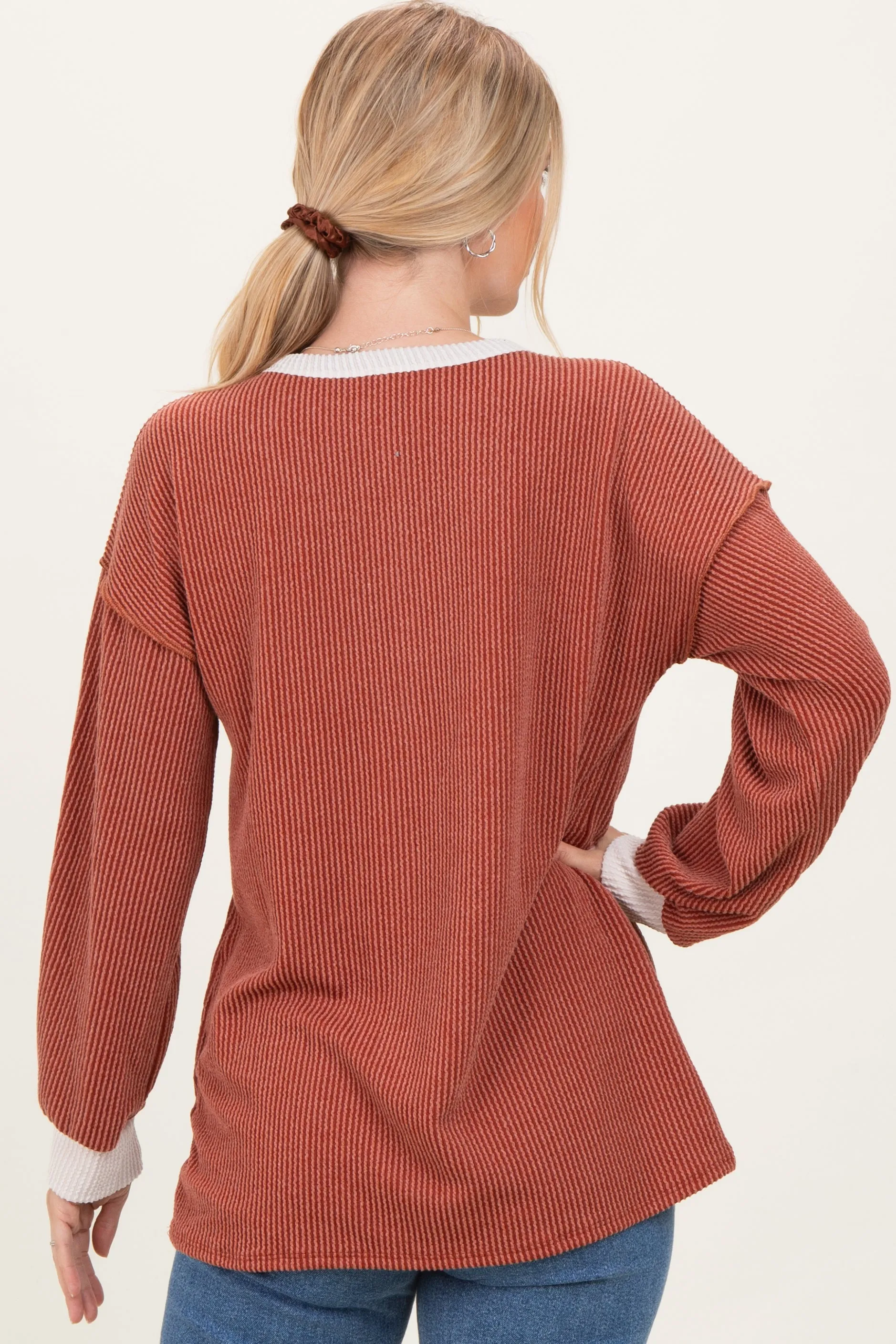 Rust Long Sleeve Contrast Button Detail Rib Top sold by Pinkblush product image thumbnail 4
