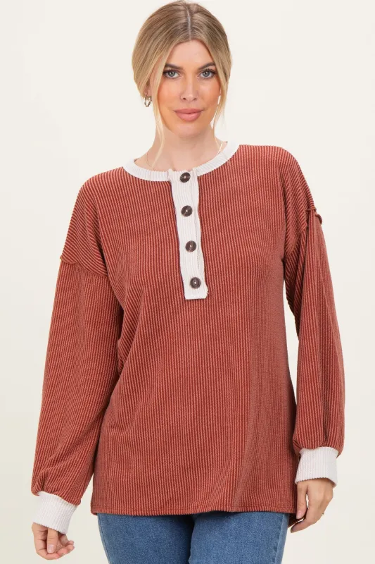 Rust Long Sleeve Contrast Button Detail Rib Top sold by Pinkblush