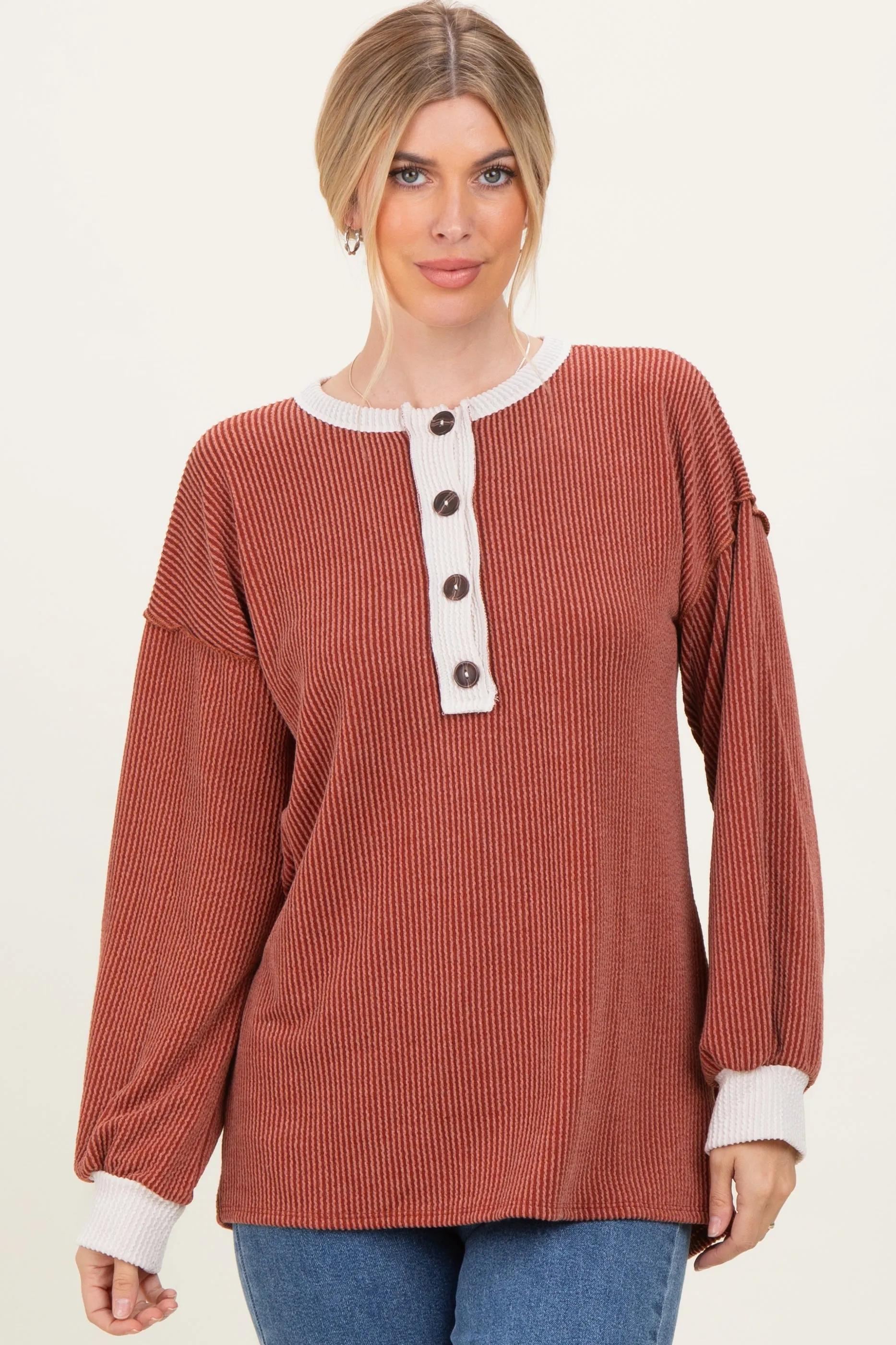 Rust Long Sleeve Contrast Button Detail Rib Top sold by Pinkblush