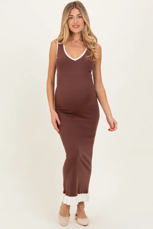 Brown Knit V-Neck Contrast Ruffle Hem Maternity Maxi Dress sold by Pinkblush