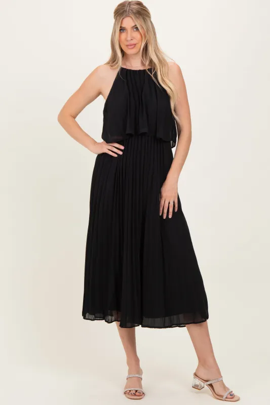 Black Pleated Woven Midi Dress sold by Pinkblush