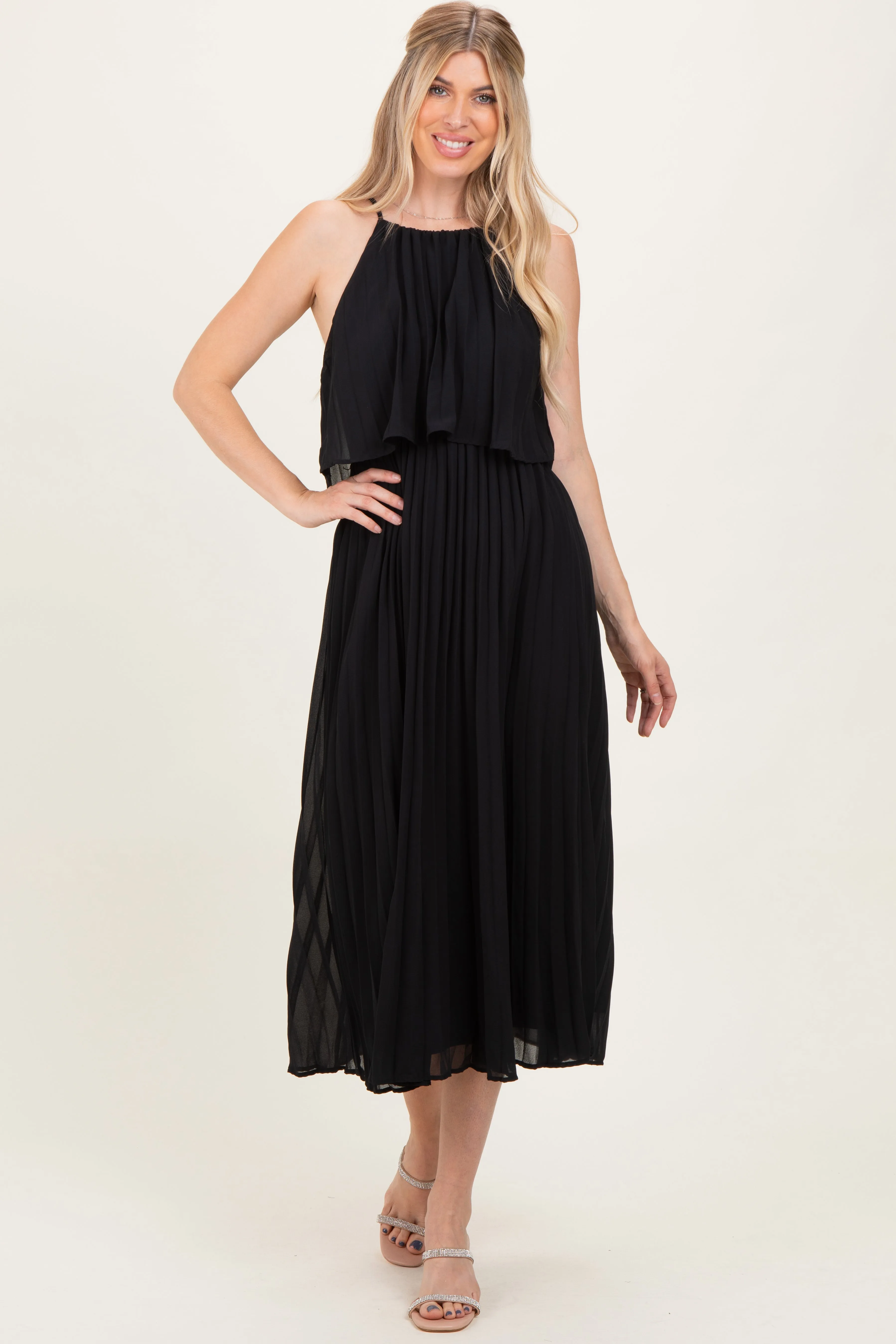 Black Pleated Woven Midi Dress sold by Pinkblush product image thumbnail 2