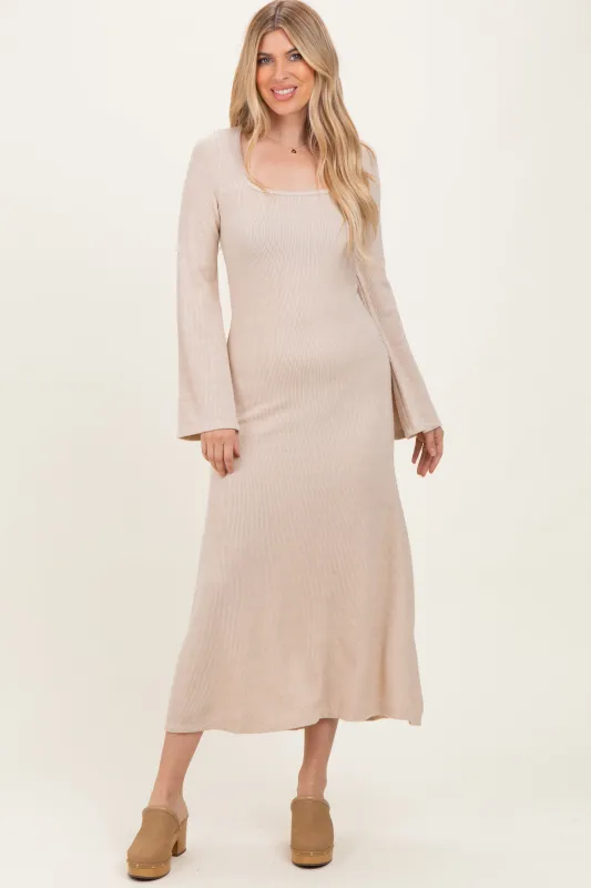 Cream Solid Ribbed Long Sleeve Square Neck Maxi Dress sold by Pinkblush