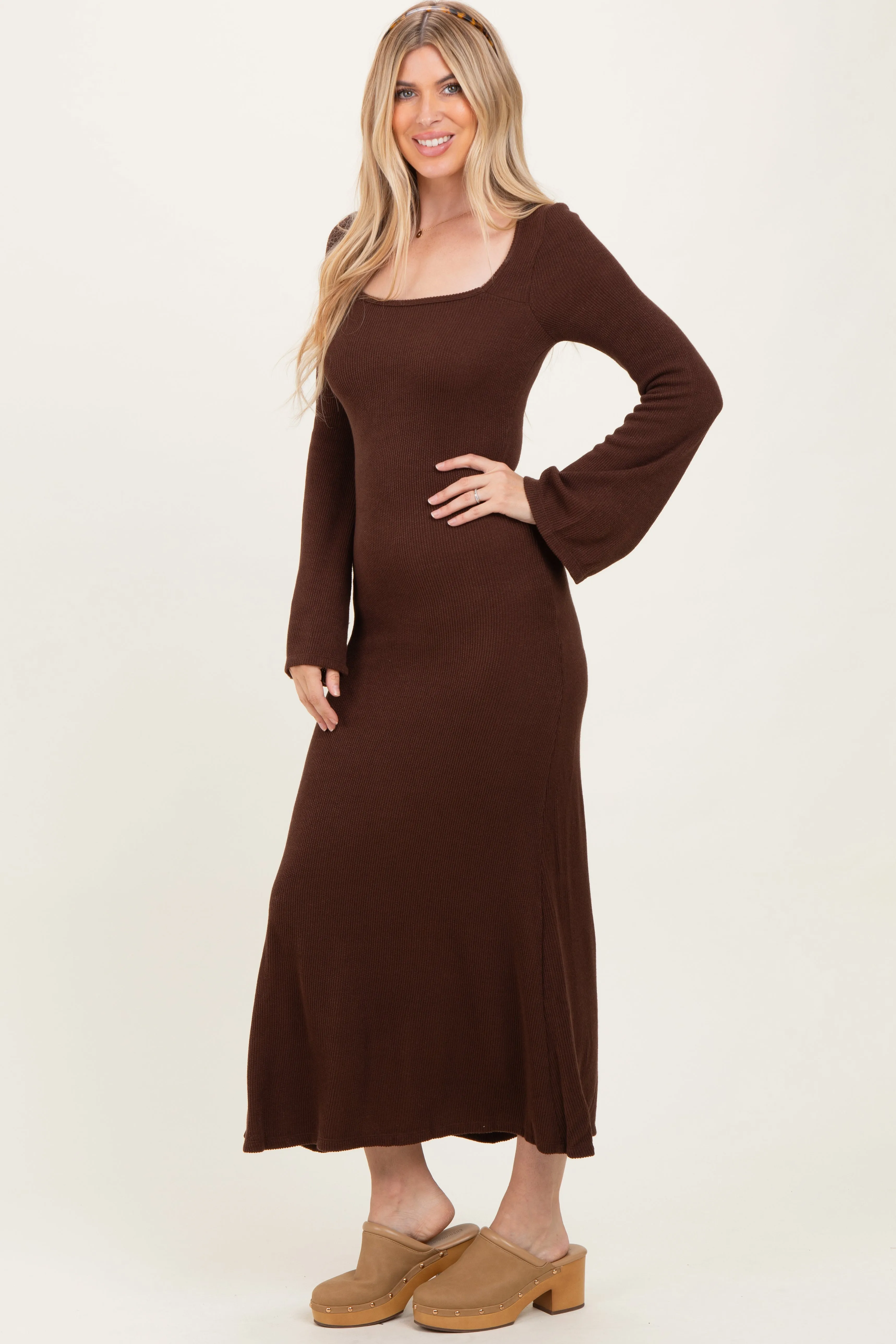Brown Solid Ribbed Long Sleeve Square Neck Maxi Dress sold by Pinkblush product image thumbnail 2