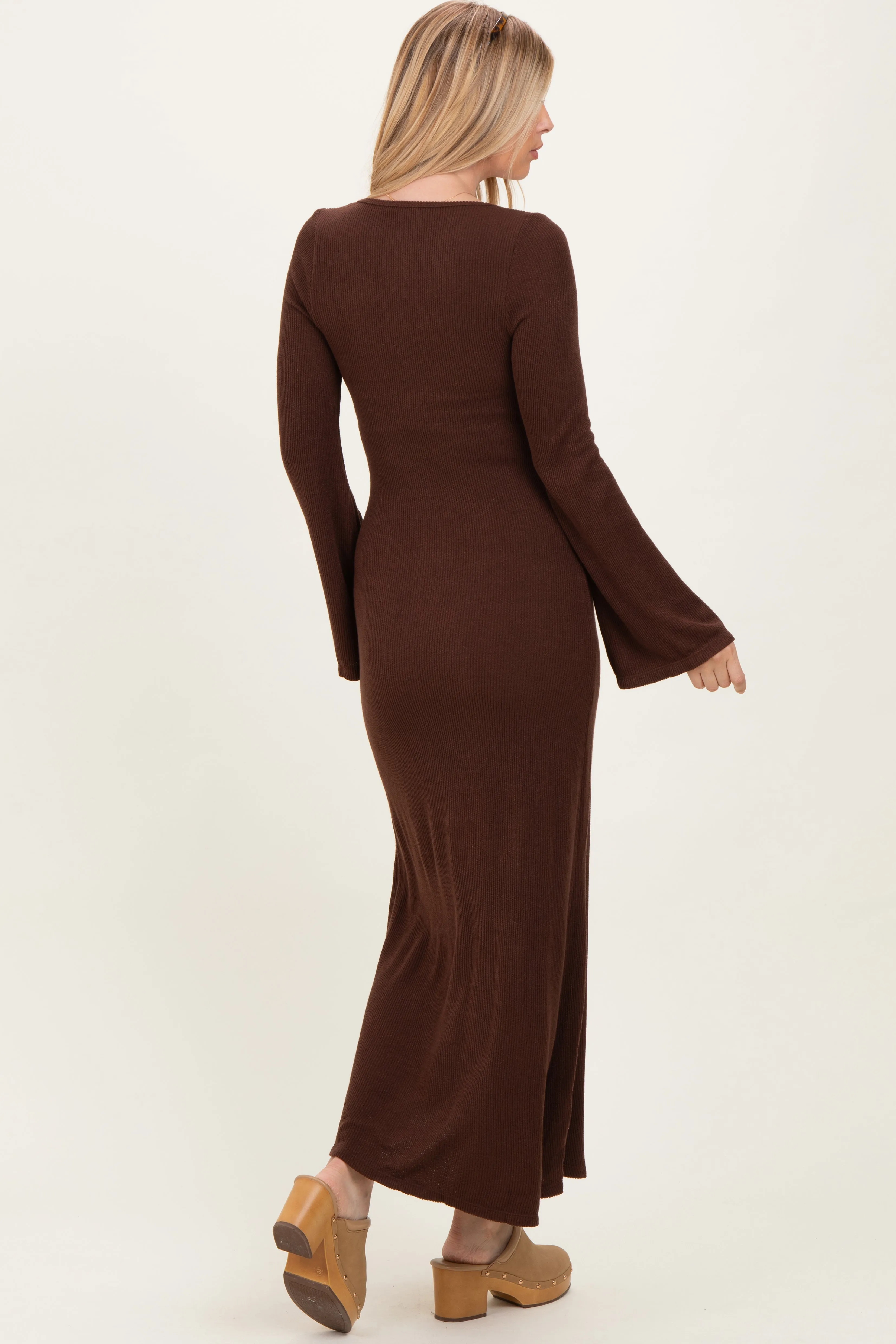 Brown Solid Ribbed Long Sleeve Square Neck Maxi Dress sold by Pinkblush product image thumbnail 3