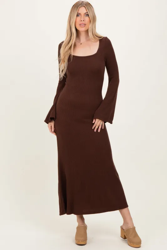 Brown Solid Ribbed Long Sleeve Square Neck Maxi Dress sold by Pinkblush