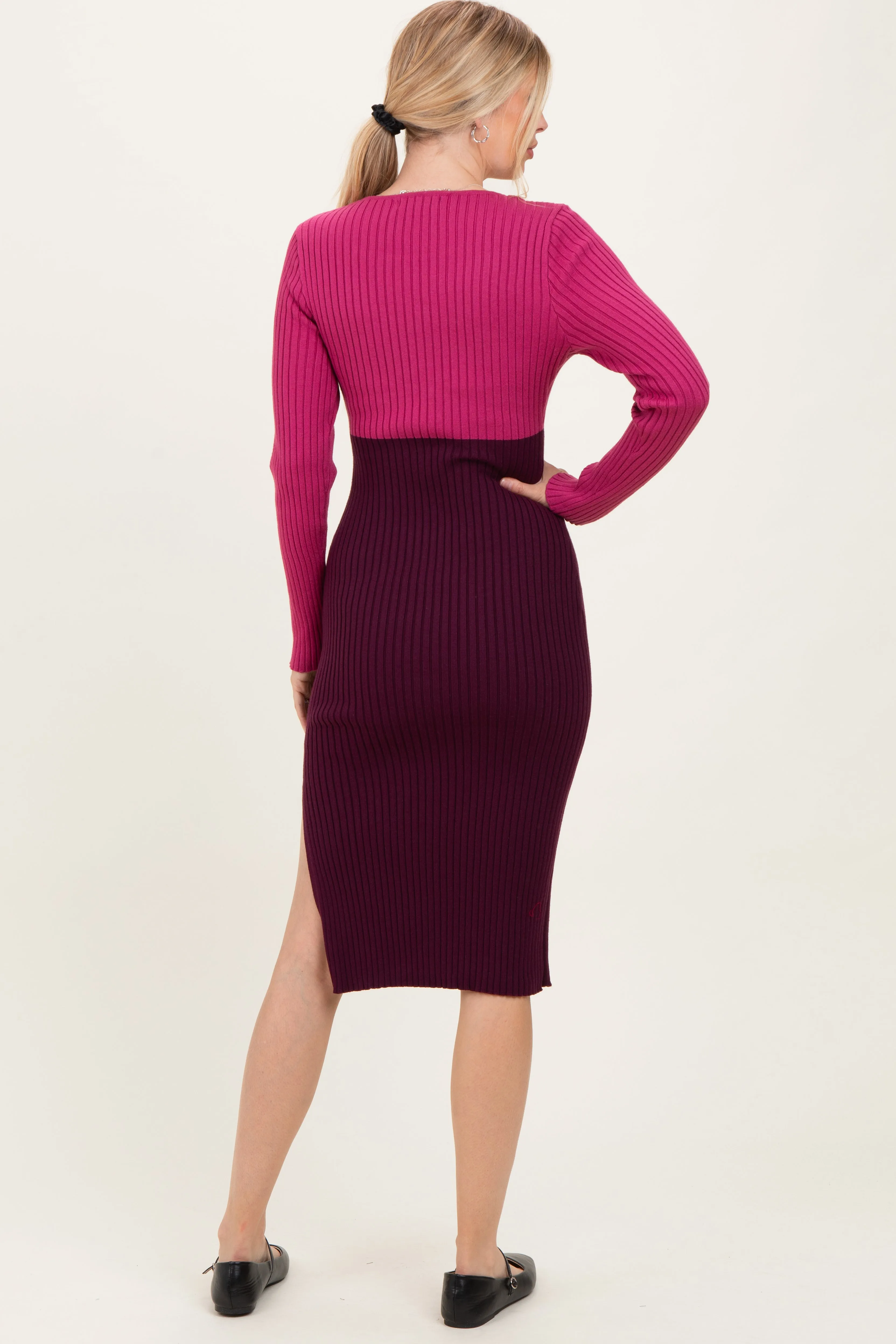 Magenta Knit Colorblock Long Sleeve Midi Dress sold by Pinkblush product image thumbnail 4