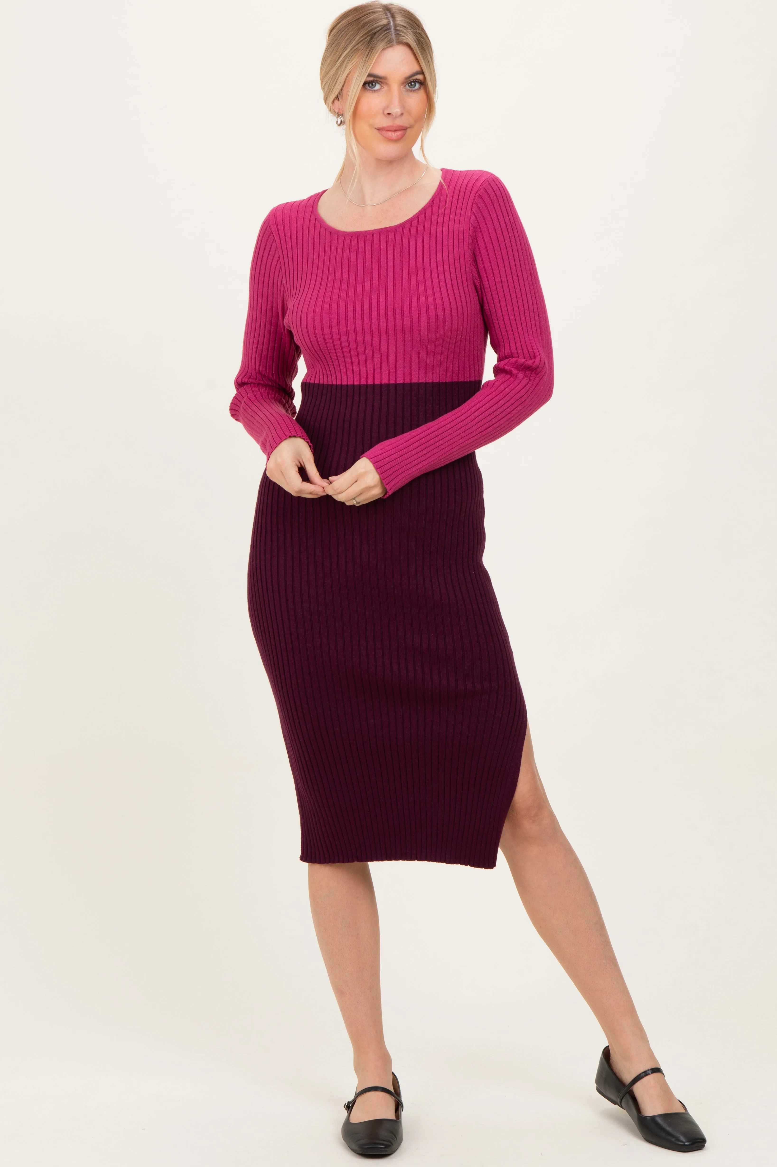 Magenta Knit Colorblock Long Sleeve Midi Dress sold by Pinkblush