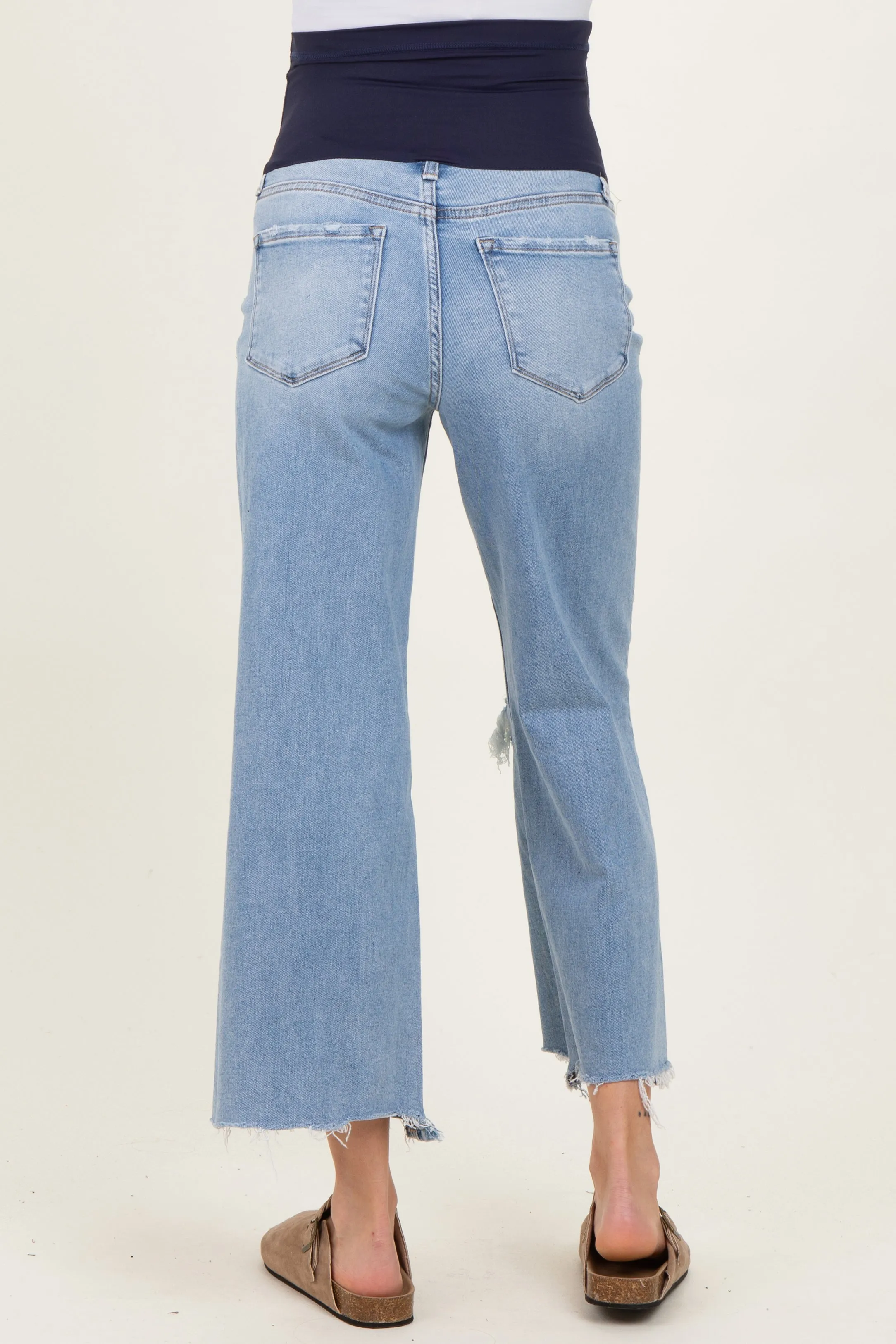 Blue High Rise Uneven Raw Hem Crop Wide Maternity Jeans sold by Pinkblush product image thumbnail 4