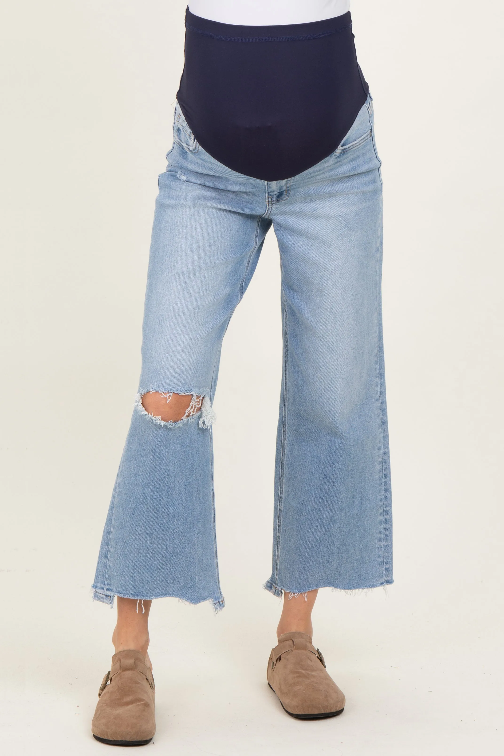 Blue High Rise Uneven Raw Hem Crop Wide Maternity Jeans sold by Pinkblush product image thumbnail 2