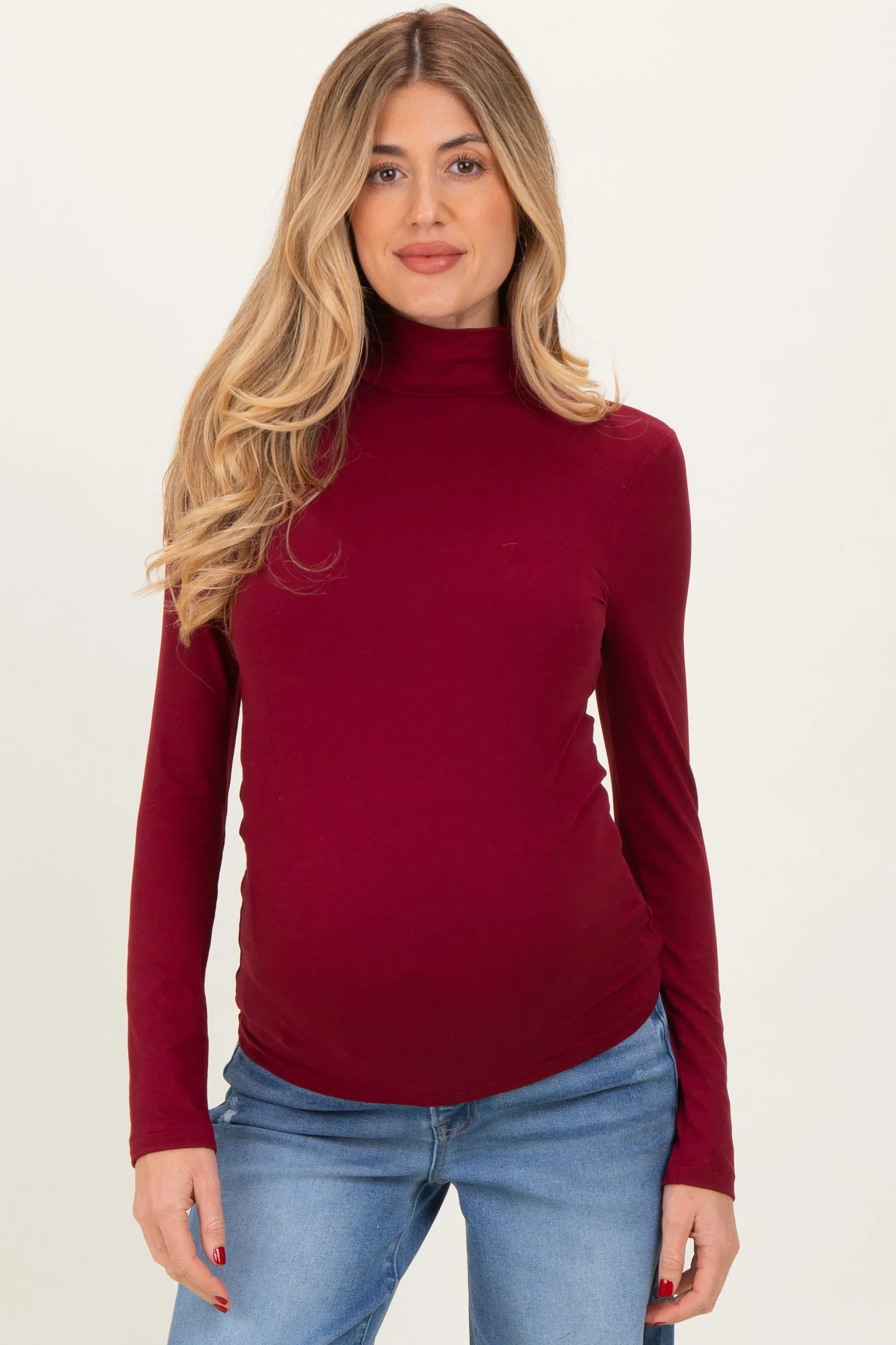 Wine Maternity Mock Neck Top sold by Pinkblush