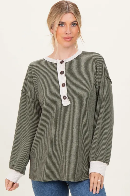 Olive Long Sleeve Contrast Button Detail Rib Top sold by Pinkblush
