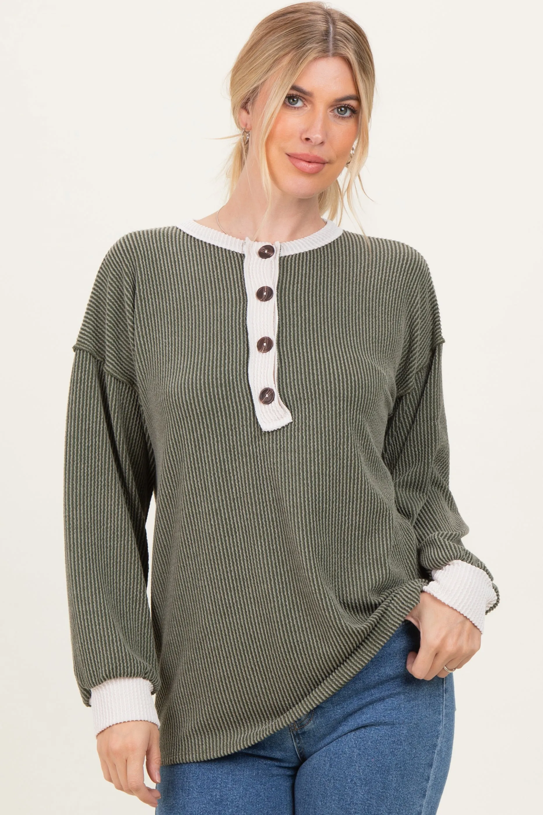 Olive Long Sleeve Contrast Button Detail Rib Top sold by Pinkblush product image thumbnail 2
