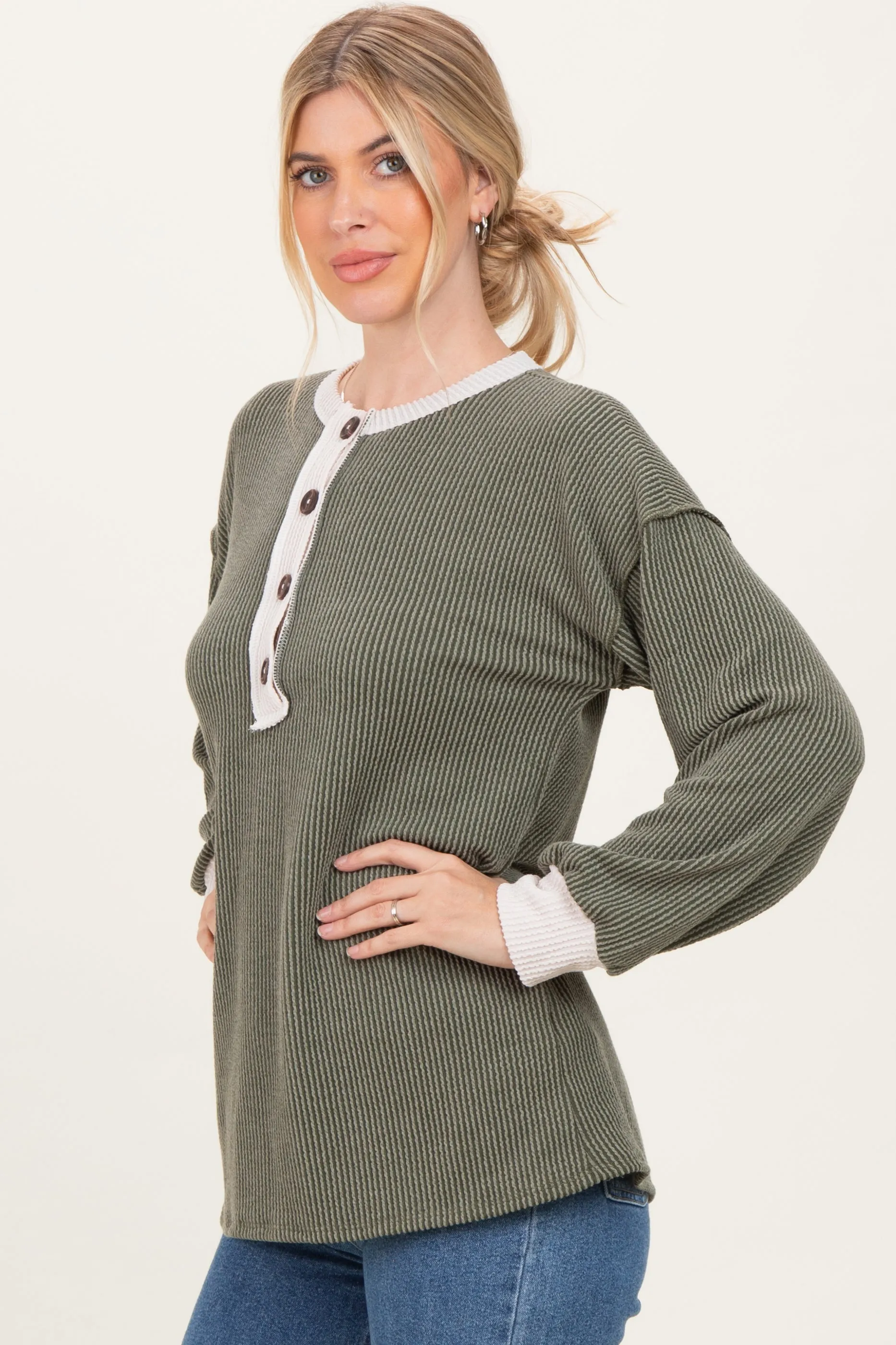 Olive Long Sleeve Contrast Button Detail Rib Top sold by Pinkblush product image thumbnail 3