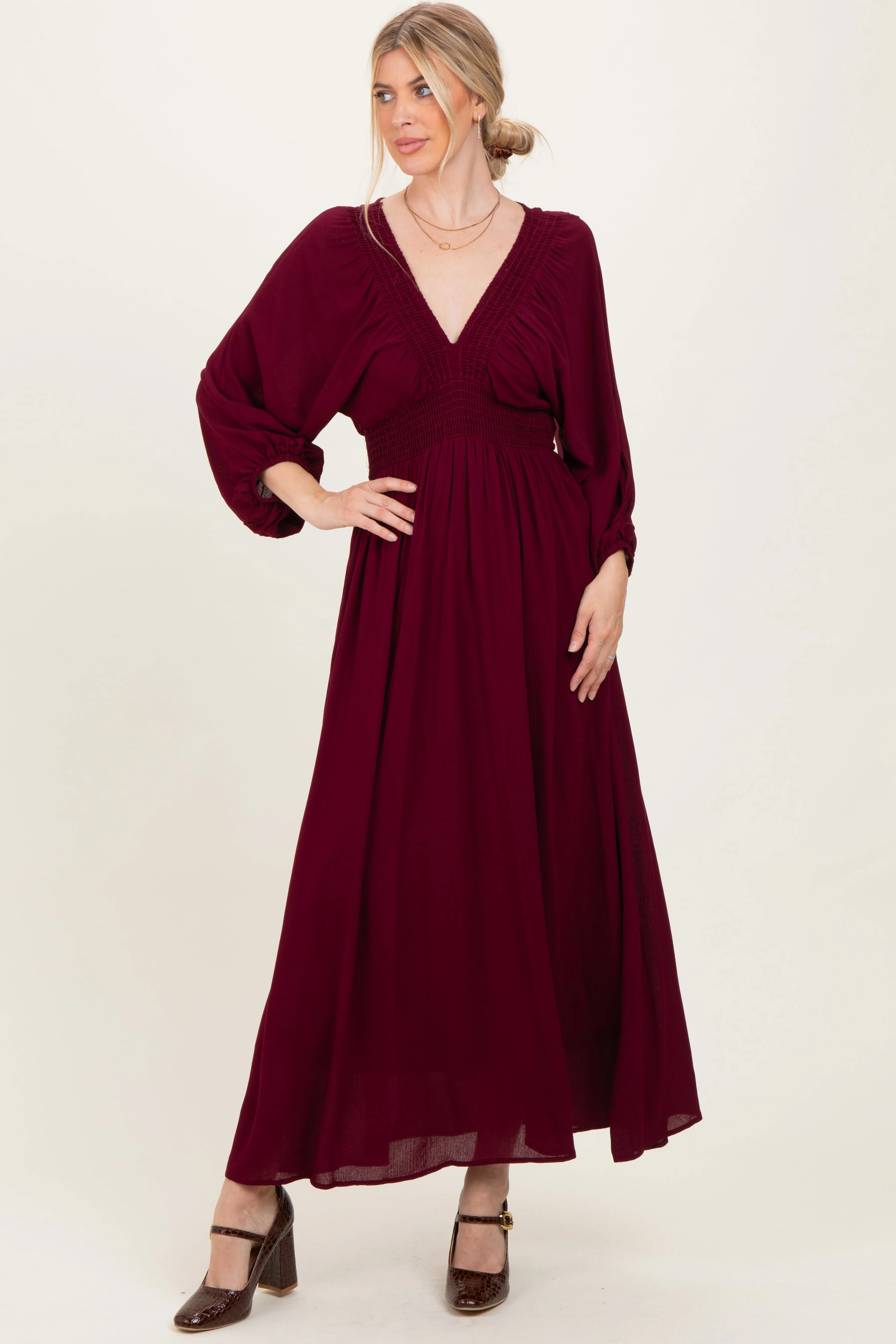 Burgundy Solid Long Sleeve V-Neck Smocked Detail Maxi Dress sold by Pinkblush product image thumbnail 2
