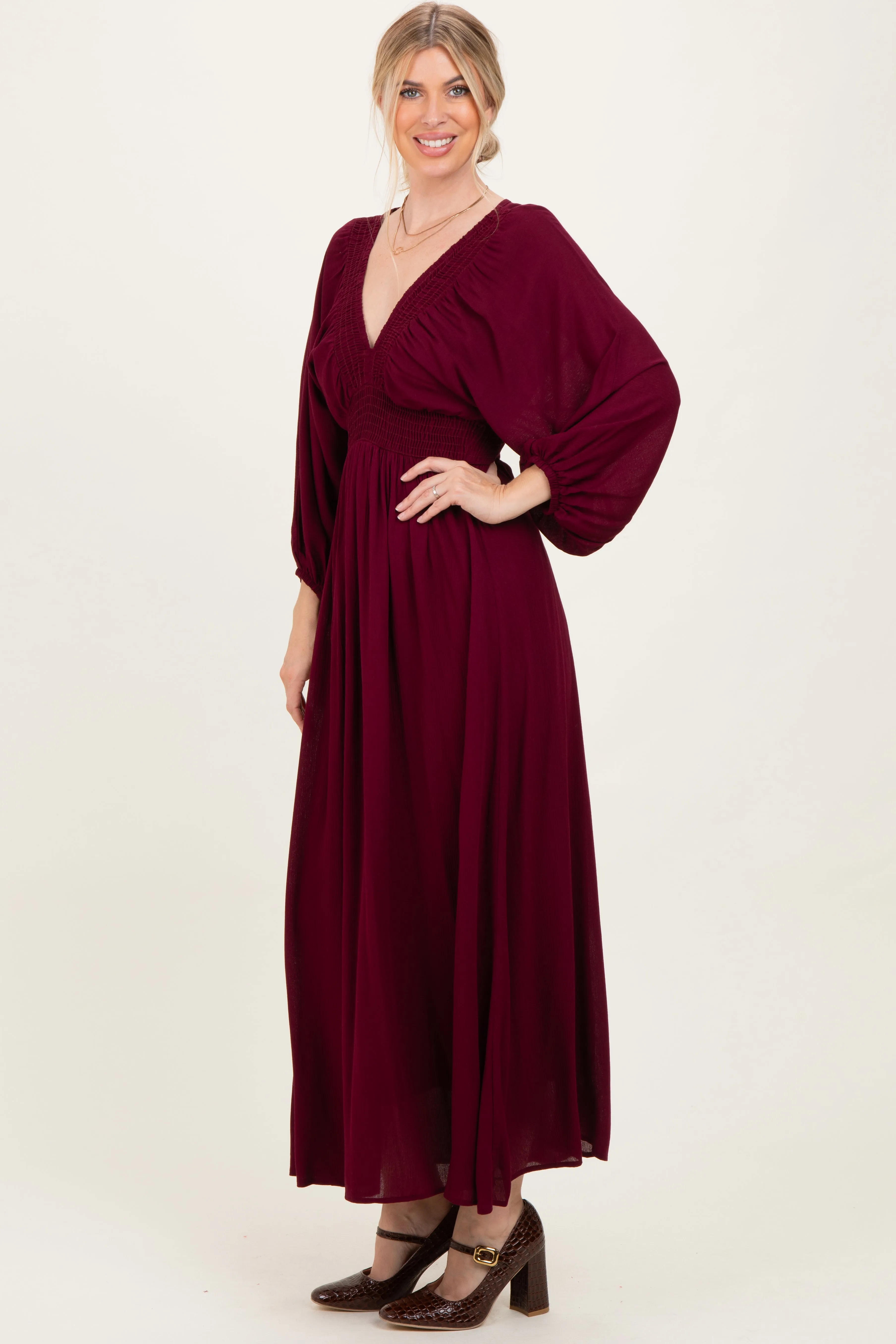 Burgundy Solid Long Sleeve V-Neck Smocked Detail Maxi Dress sold by Pinkblush product image thumbnail 3