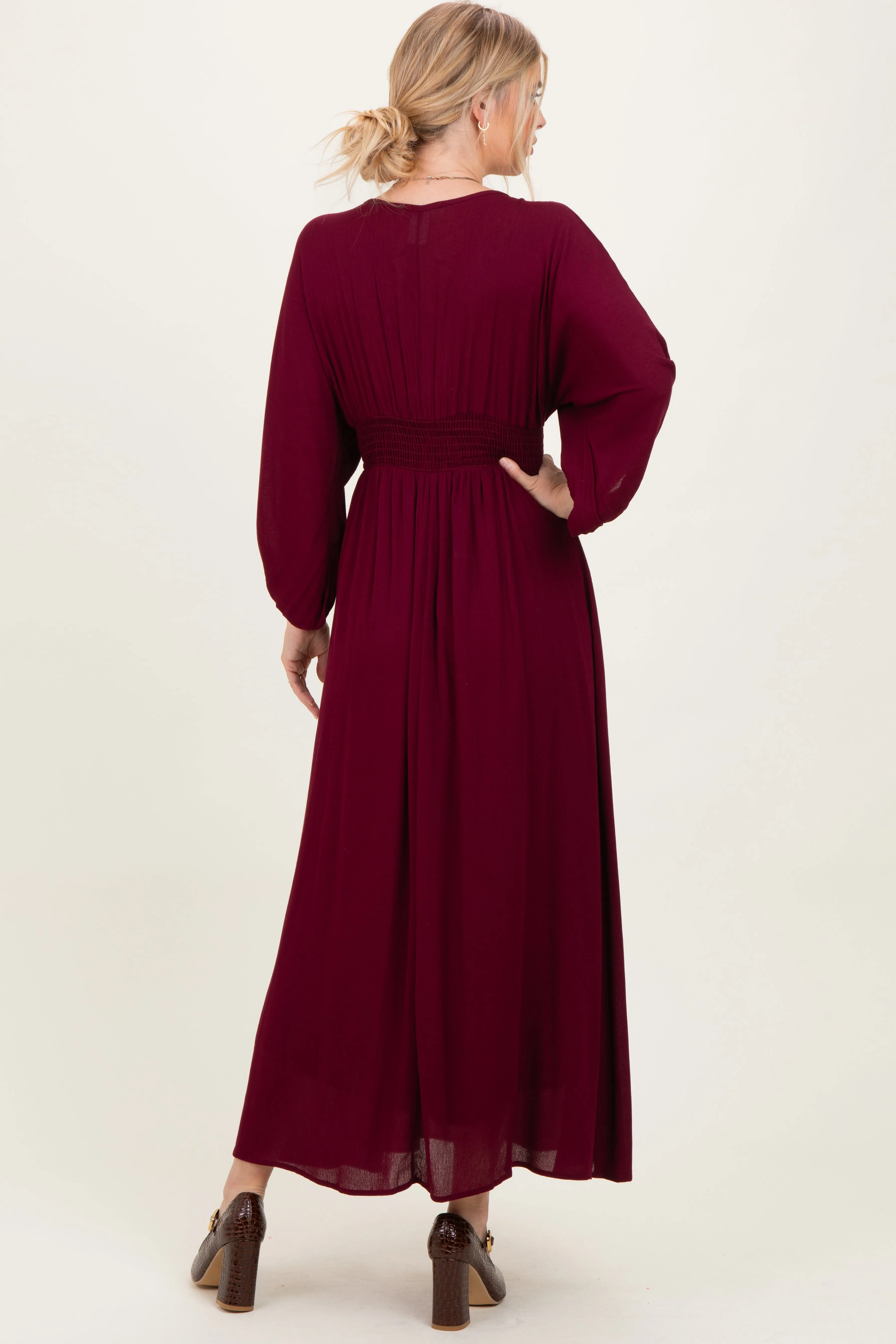 Burgundy Solid Long Sleeve V-Neck Smocked Detail Maxi Dress sold by Pinkblush product image thumbnail 4