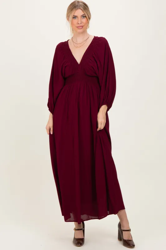 Burgundy Solid Long Sleeve V-Neck Smocked Detail Maxi Dress sold by Pinkblush