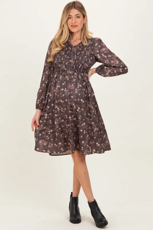 Brown Floral Smocked Long Sleeve Maternity Dress sold by Pinkblush